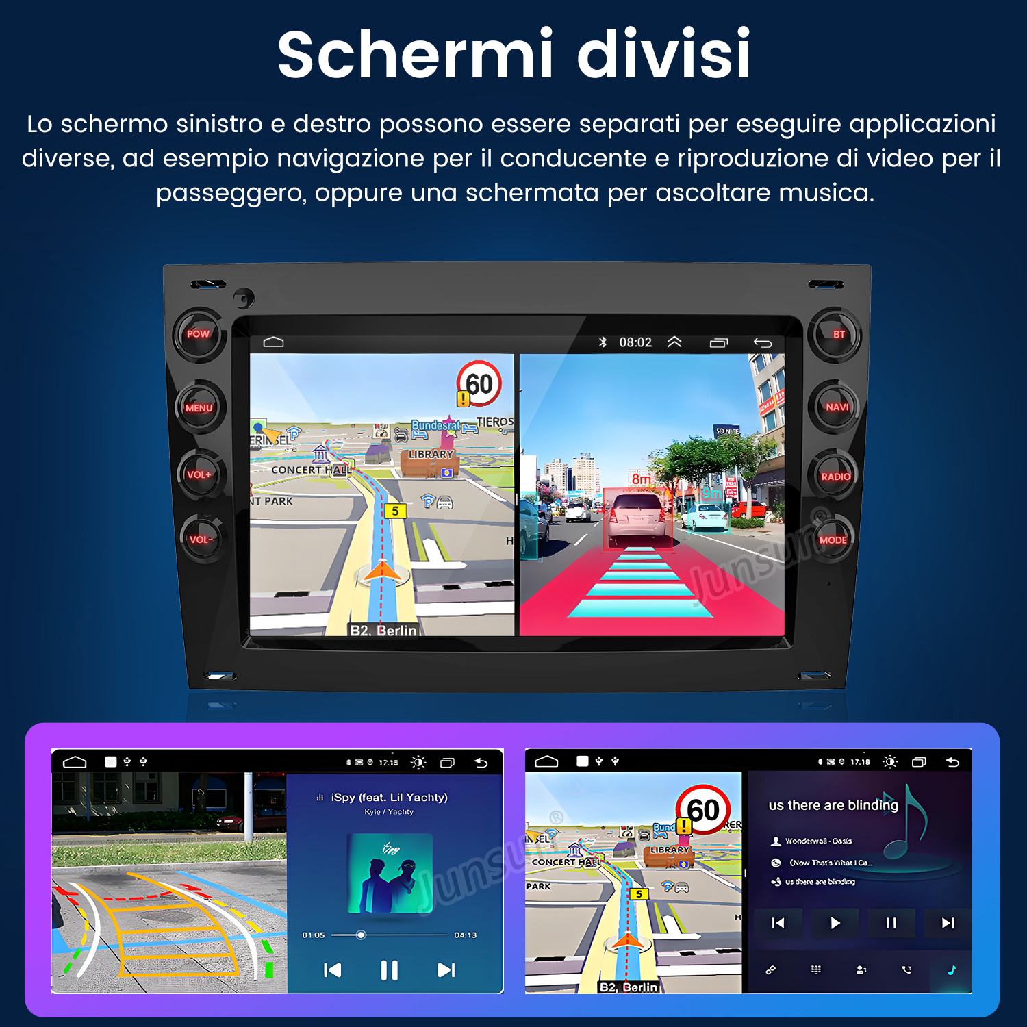Sistema di infotainment per auto con schermo diviso, mostra navigazione e musica.