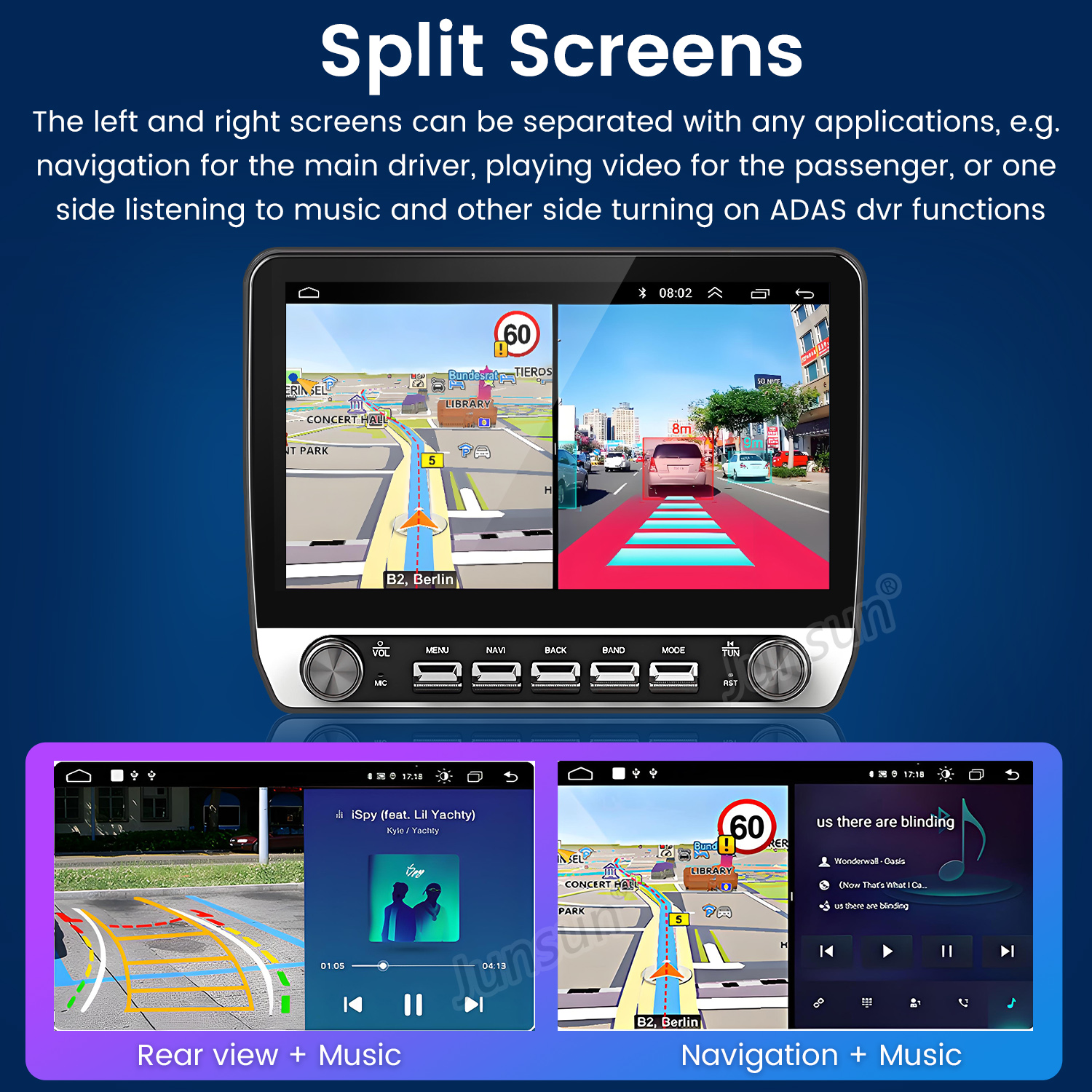 Un autoradio split-screen mostra navigazione, vista posteriore e musica.