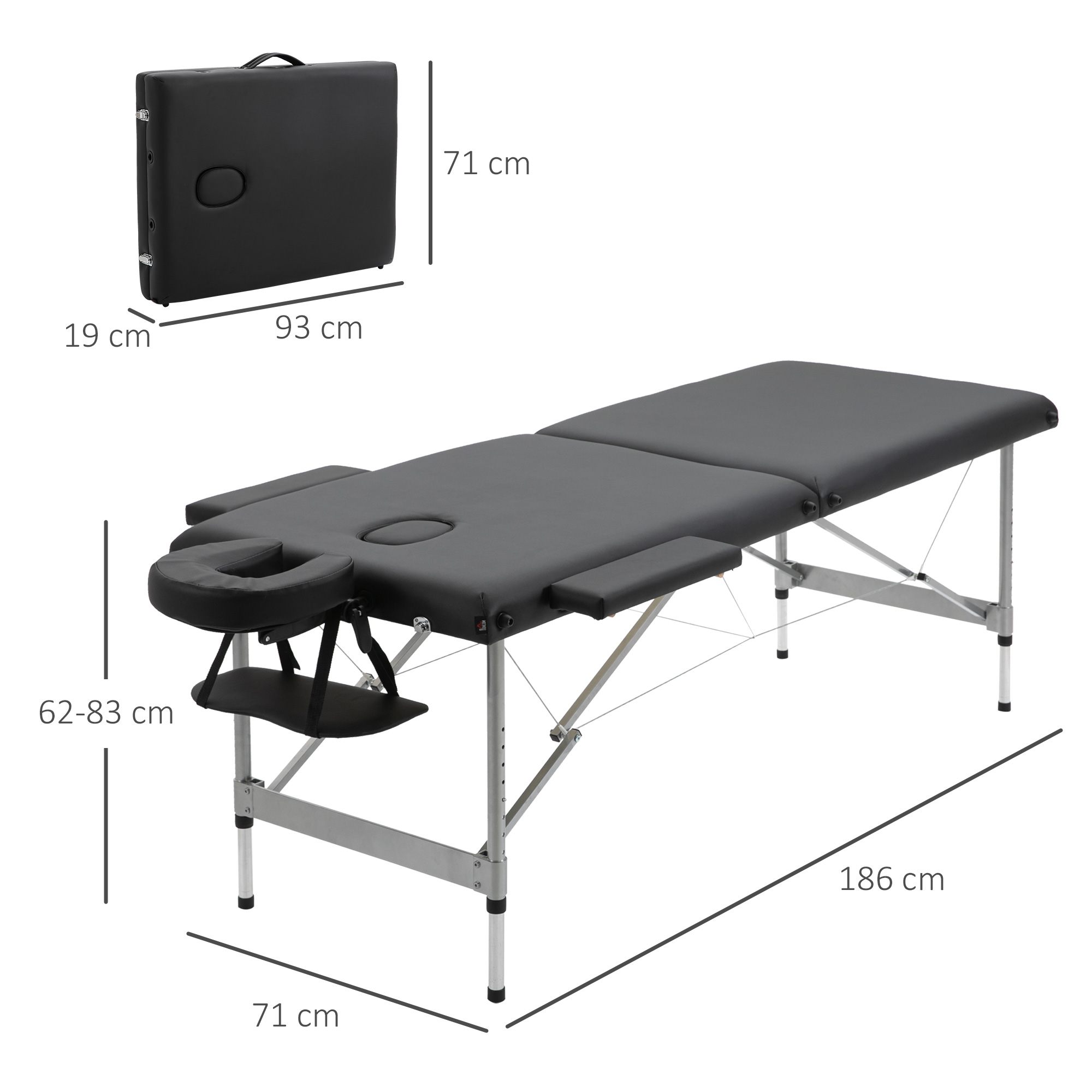 Mesa de masaje negra en estado desplegado con dimensiones.