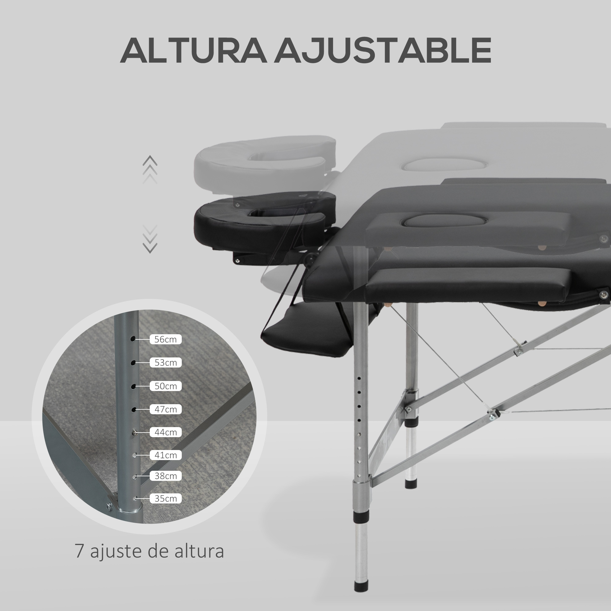 Mesa de masaje ajustable con escala de altura de 35-56cm.