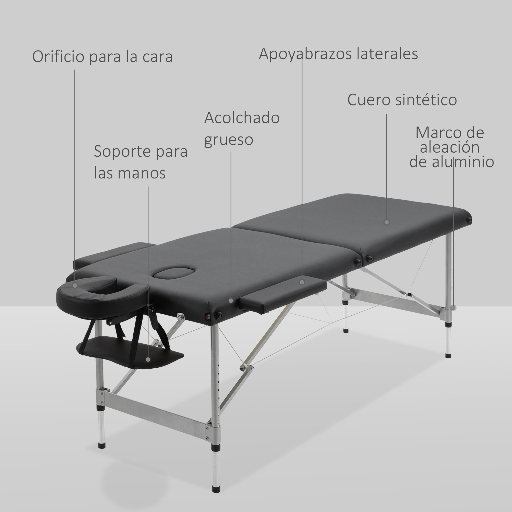 Mesa de masaje negra con orificio facial, reposabrazos, reposacabezas y marco de aluminio.