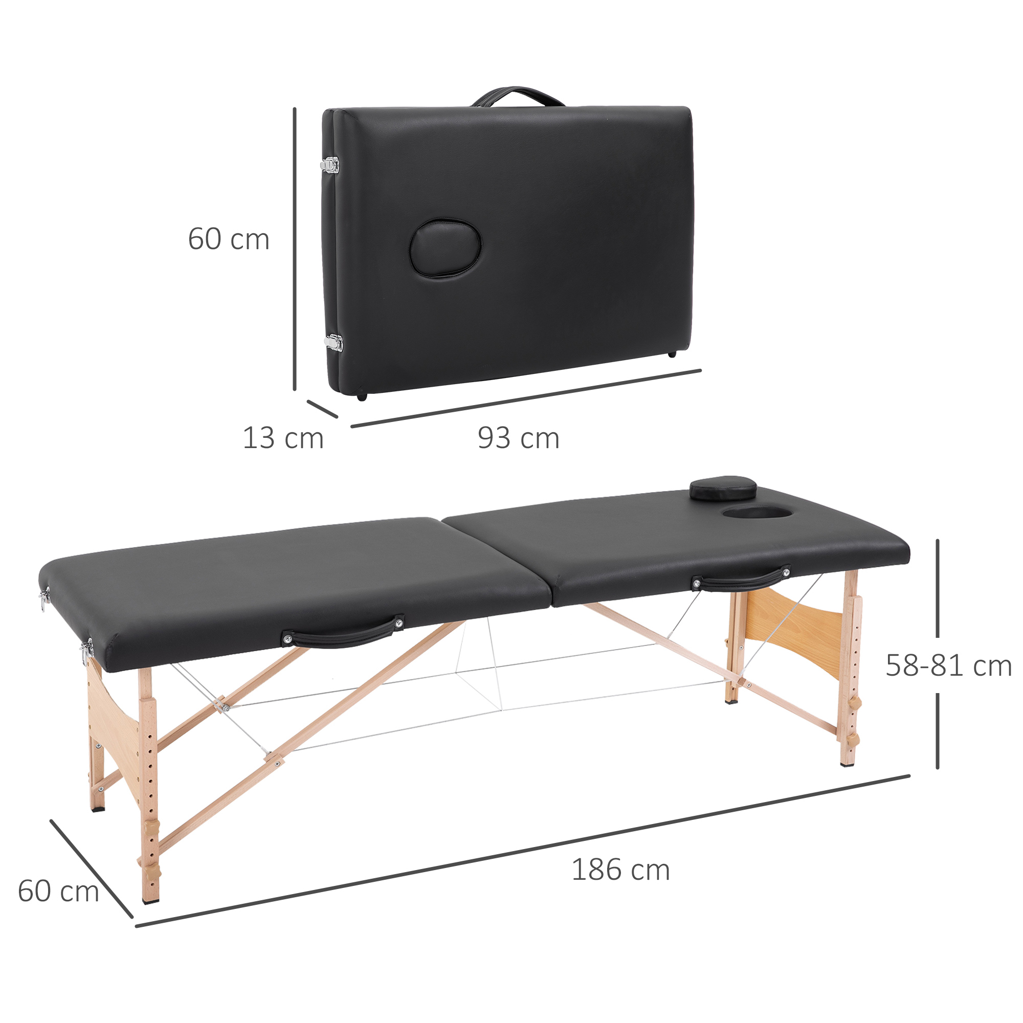 Mesa de masaje plegable de cuero negro con patas de madera. Se indican las dimensiones.