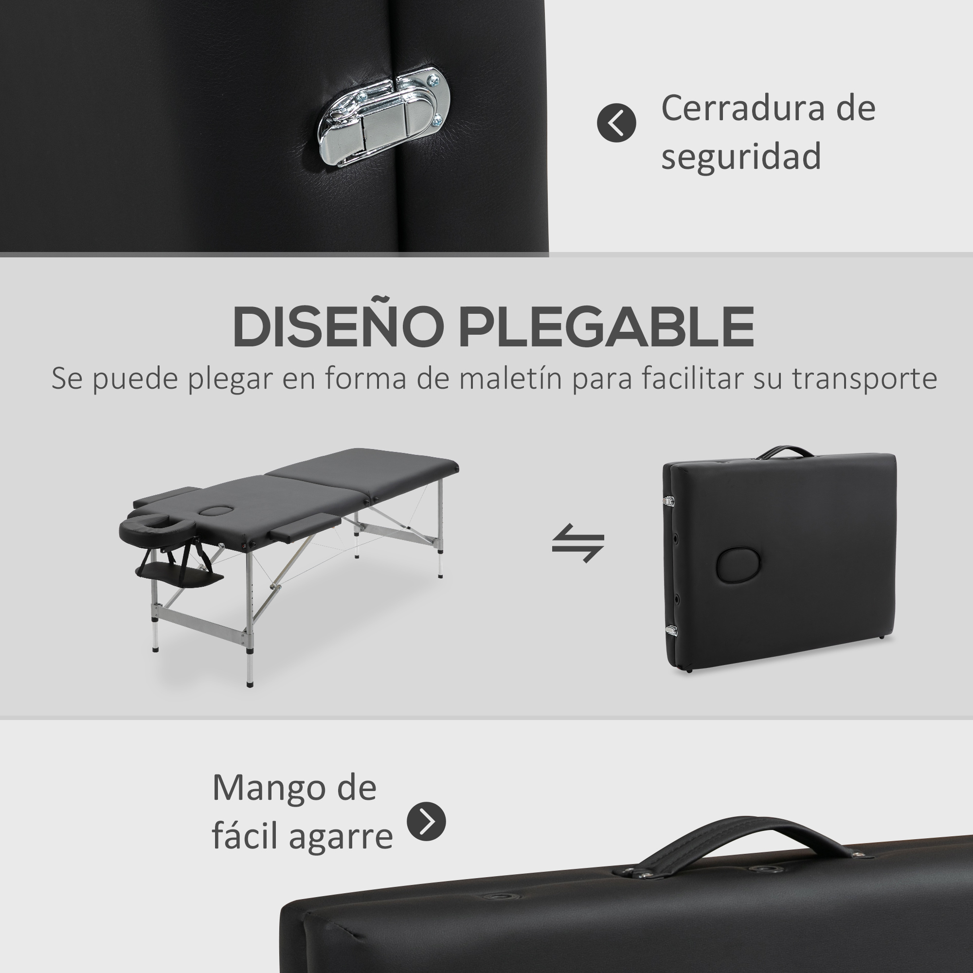 Mesa de masaje negra mostrada abierta y plegada para transporte.
