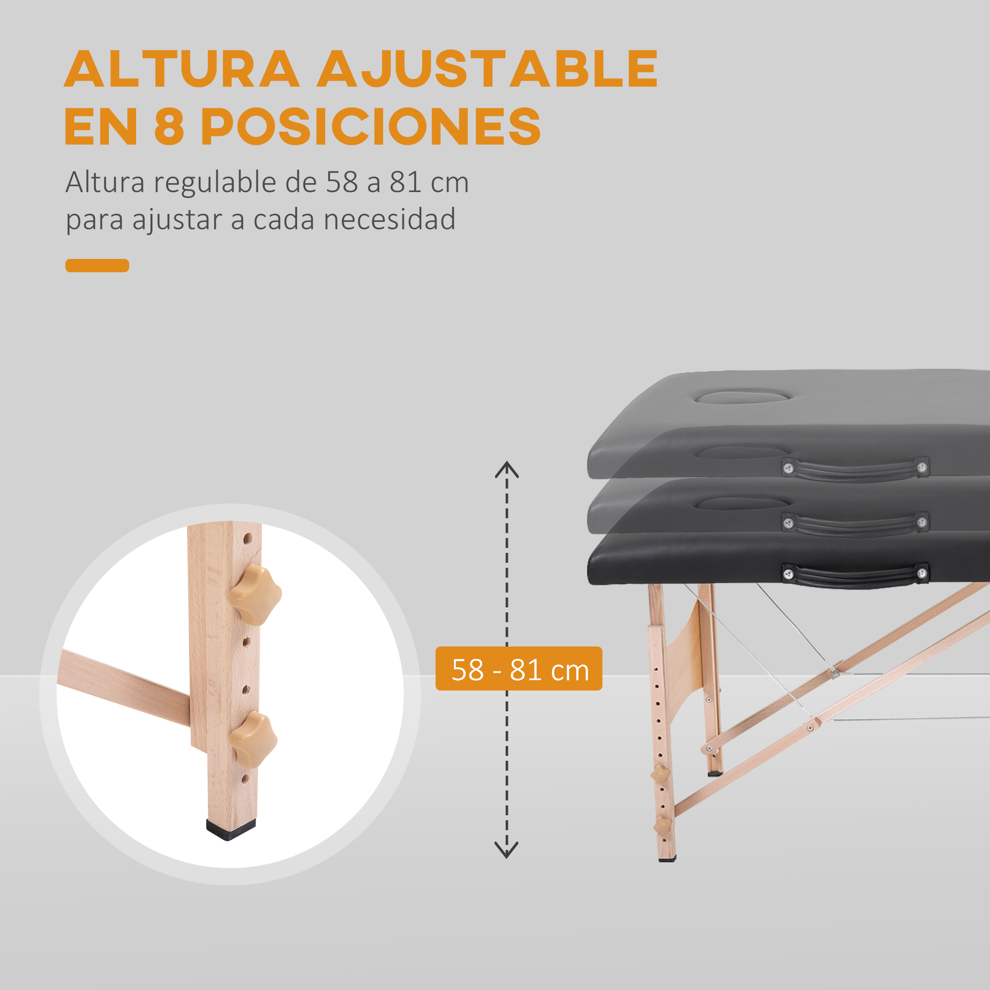Mesa de masaje ajustable con altura de 58-81 cm.