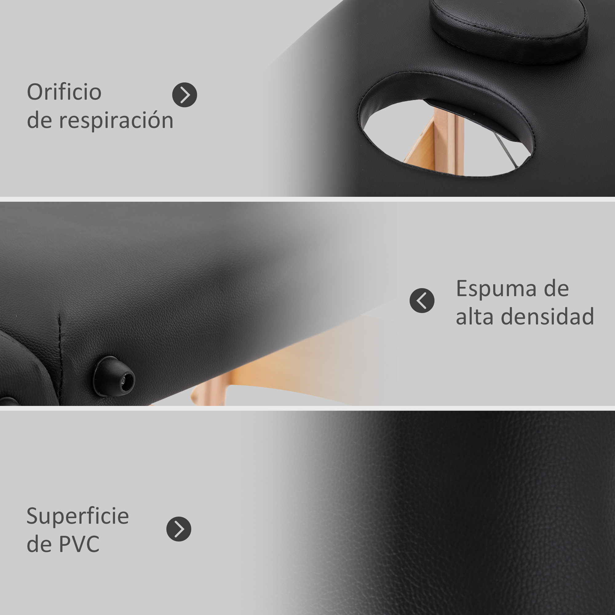 Mesa de masaje negra con orificio de ventilación, espuma y superficie de PVC.