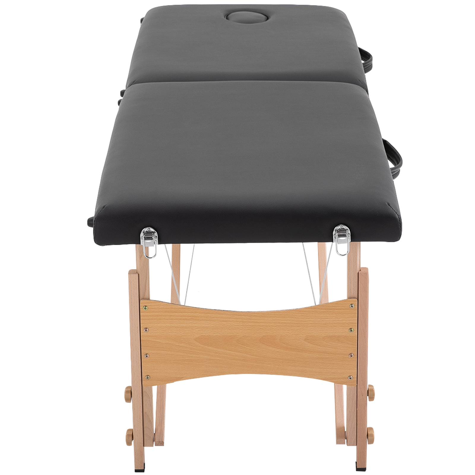 Mesa de masaje negra con patas de madera y orificio facial.