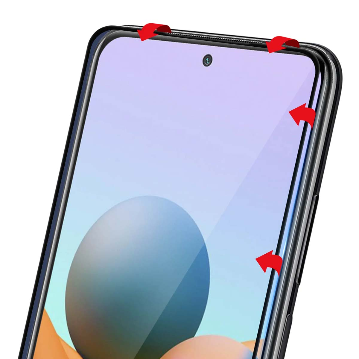 Uno smartphone con cornice nera e frecce rosse che puntano agli angoli.