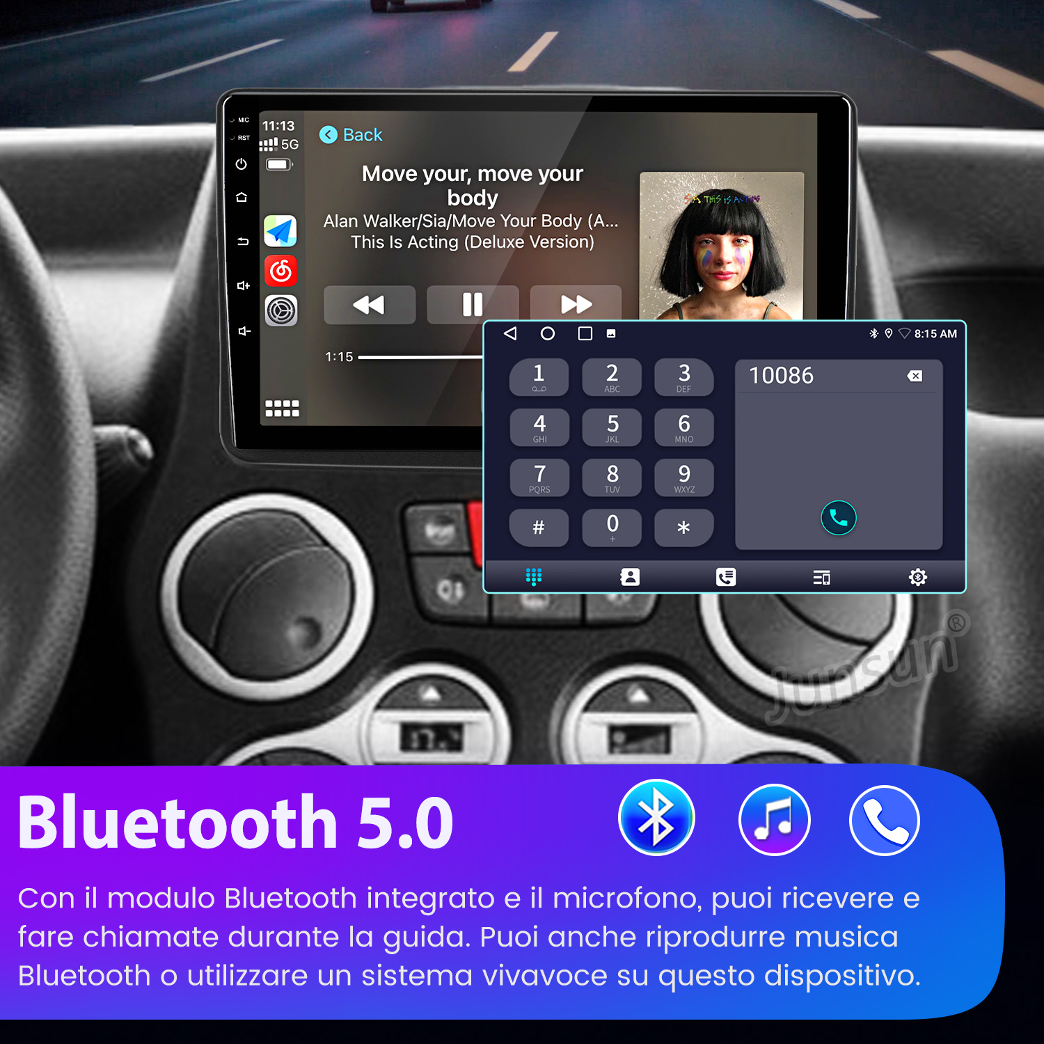 Autoradio con canzone, tastierino e icone Bluetooth 5.0.