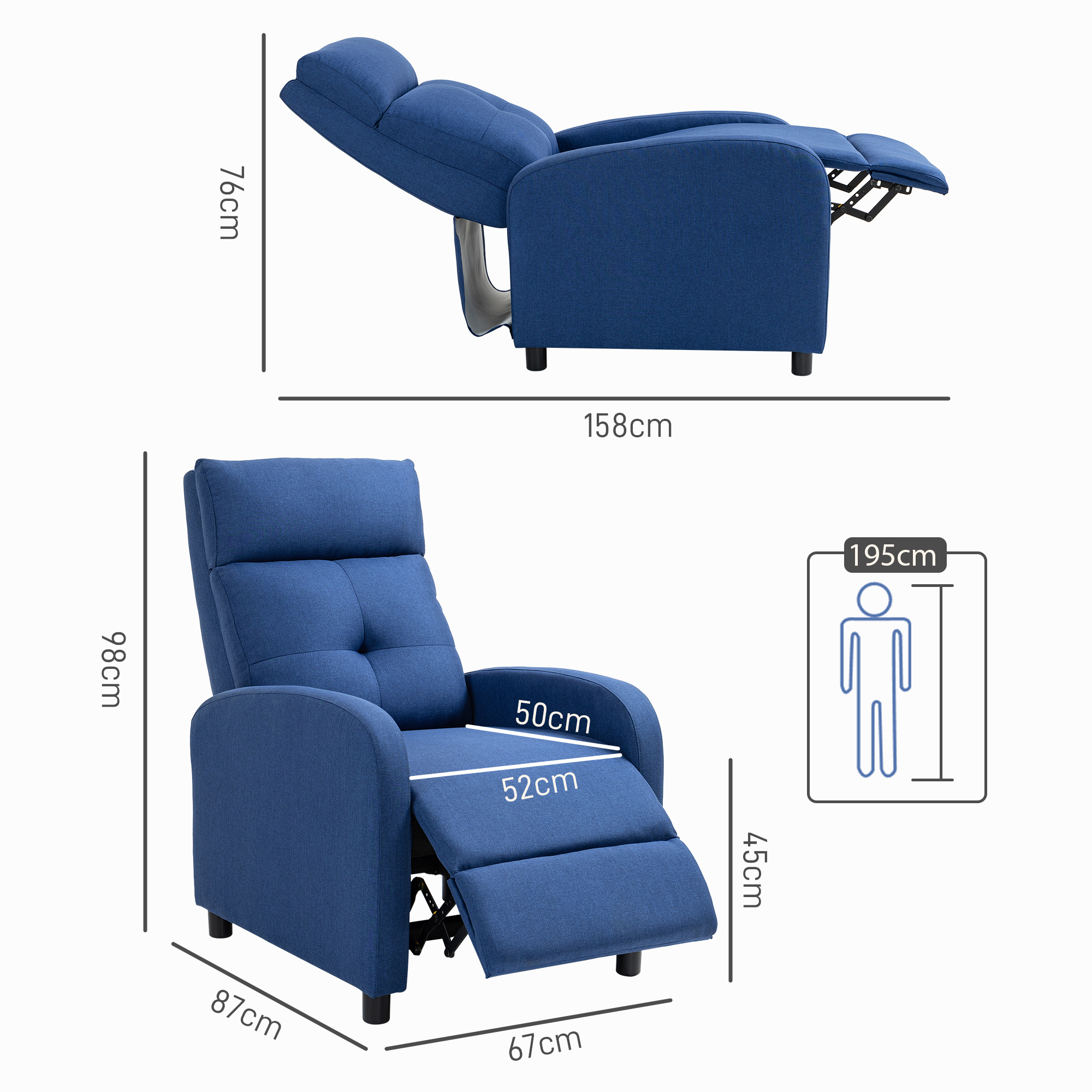 Sillón reclinable azul con dimensiones: 158cm L, 76cm H (extendido), 98cm H (erguido).