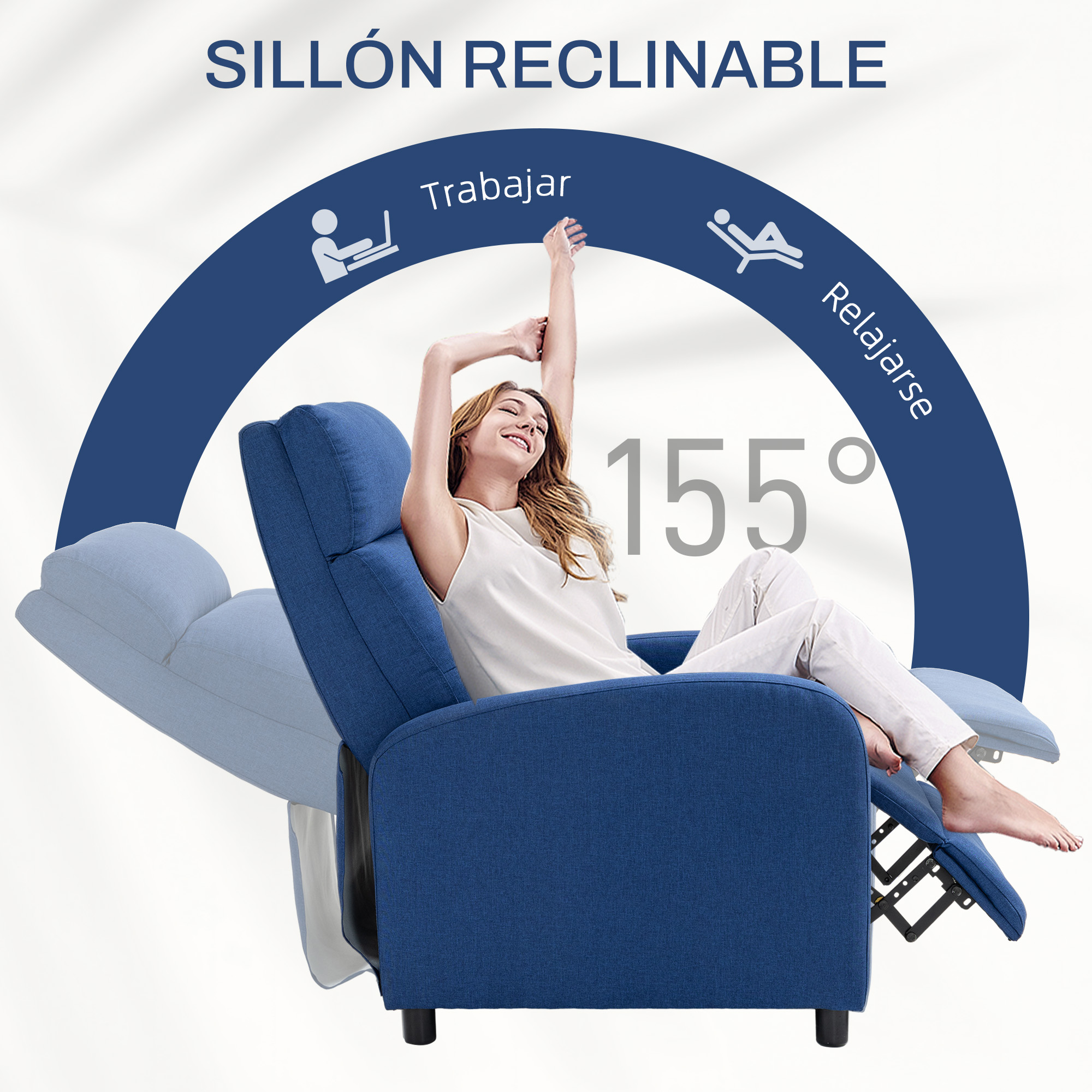 Una mujer se estira en un sillón reclinable azul, que se reclina hasta 155 grados.