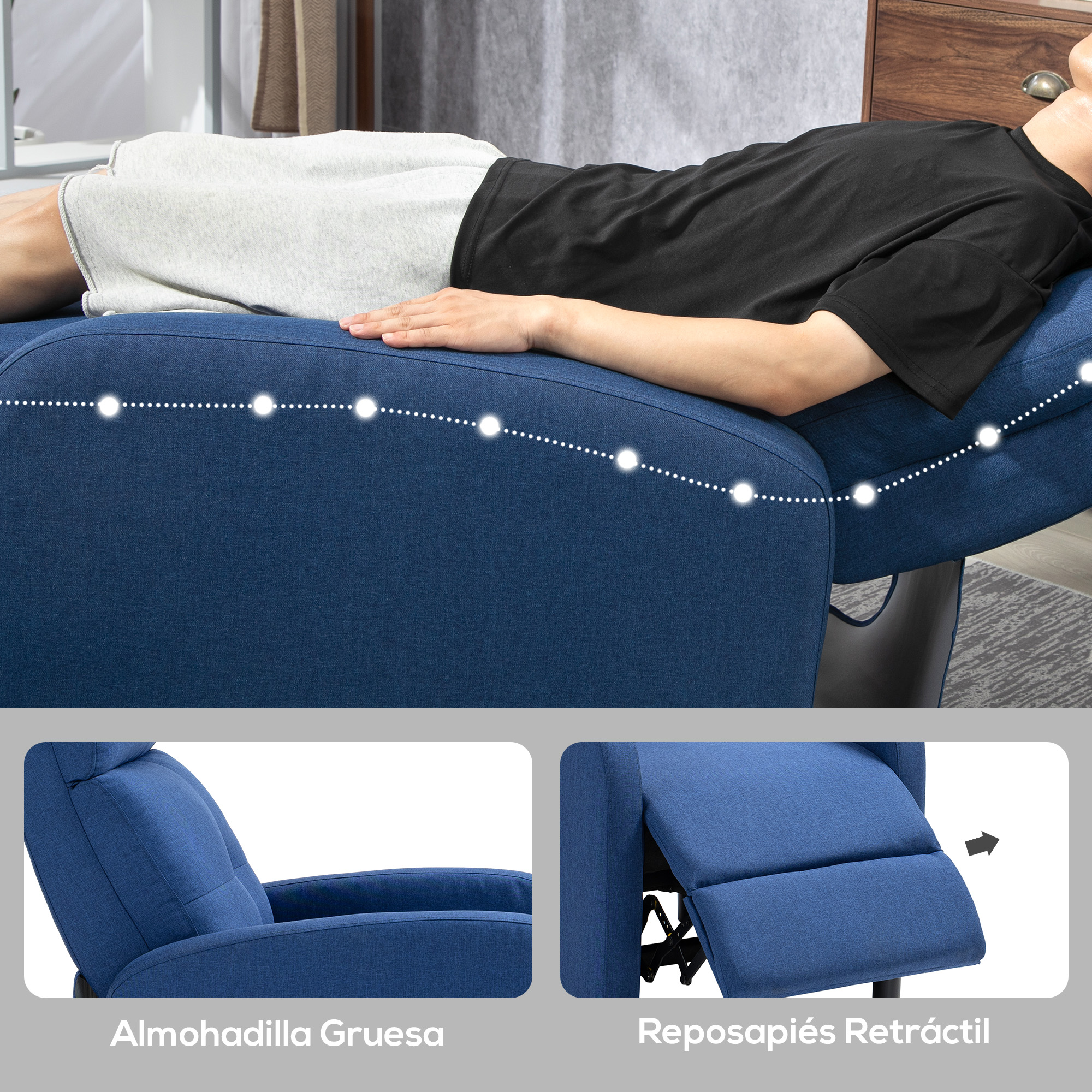 Hombre tumbado en un sillón reclinable azul con reposapiés extendido.