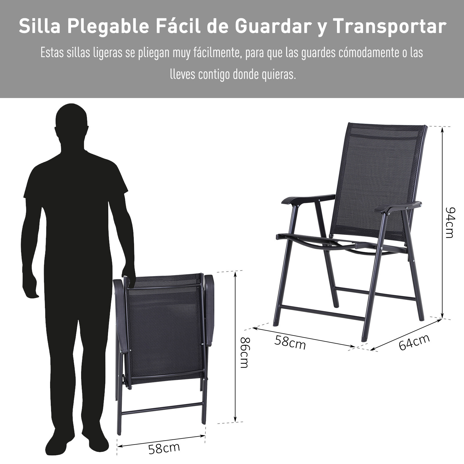 Un hombre junto a una silla desplegada y otra plegada. Dimensiones mostradas.