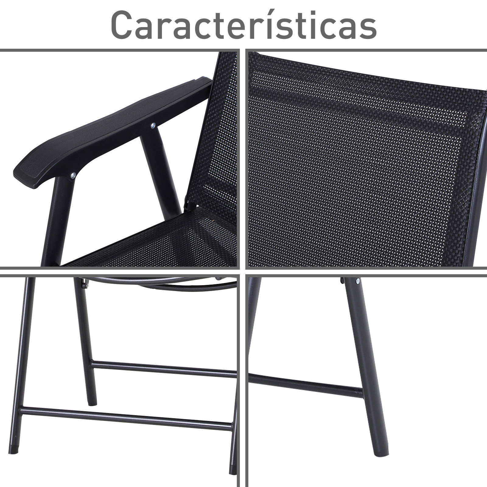 Vistas detalladas de una silla negra de malla, mostrando reposabrazos, asiento y patas.