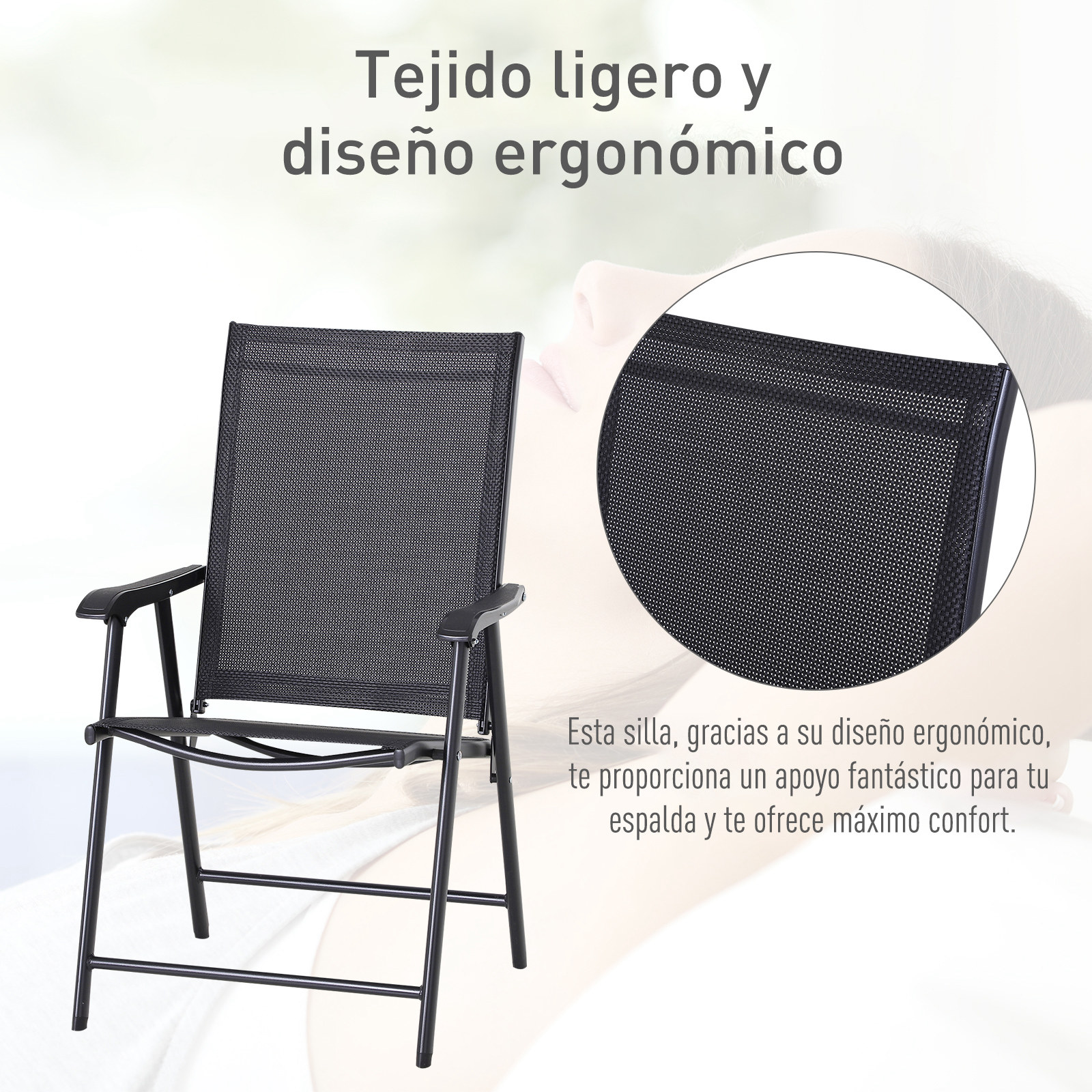 Silla plegable negra con tejido de malla y estructura metálica.