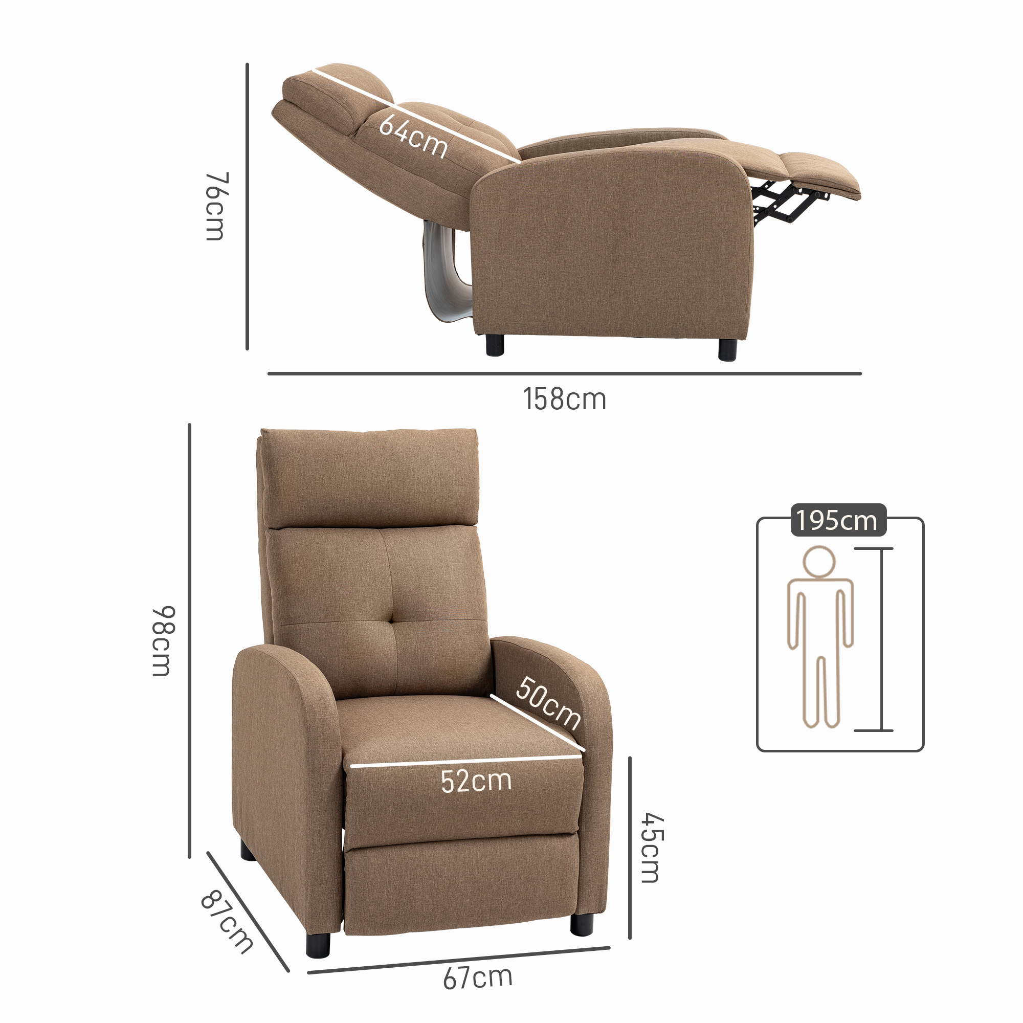 Sillón reclinable marrón con dimensiones. Arriba: reclinado, 76cm alto, 158cm largo. Abajo: vertical, 98cm alto, 67cm ancho.