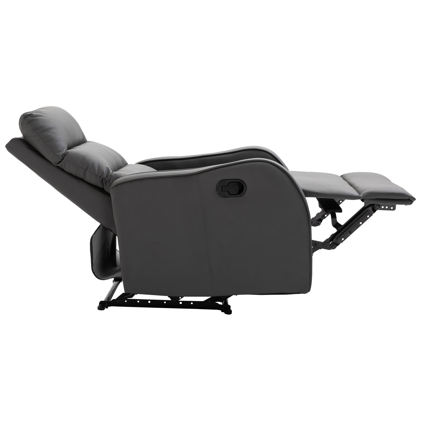 Un sillón reclinable gris oscuro con reposapiés extendido y respaldo ajustable.