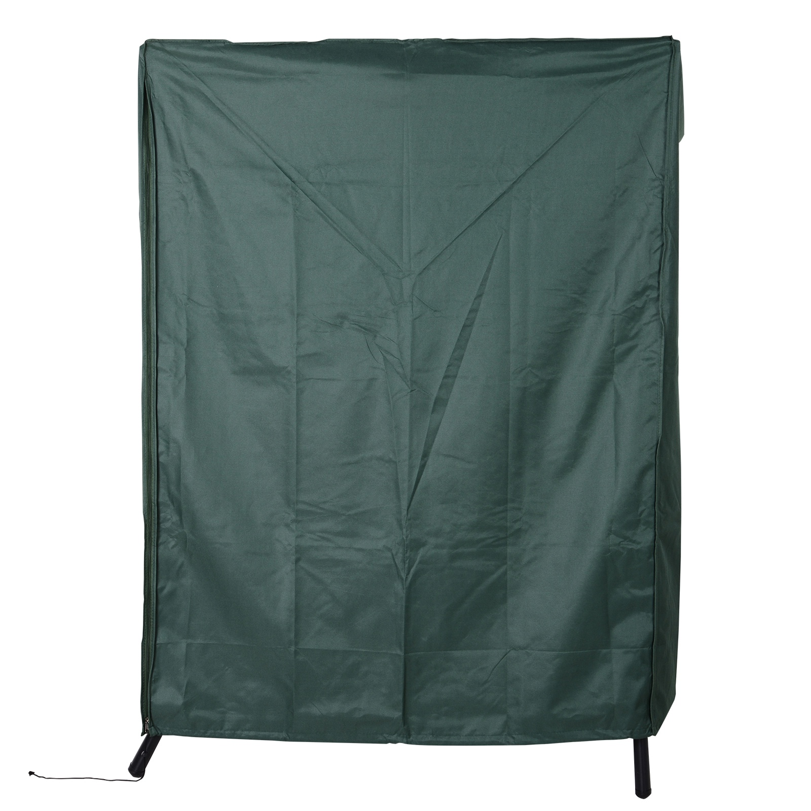 Funda de tela verde oscuro con cremallera y patas, toma de estudio.