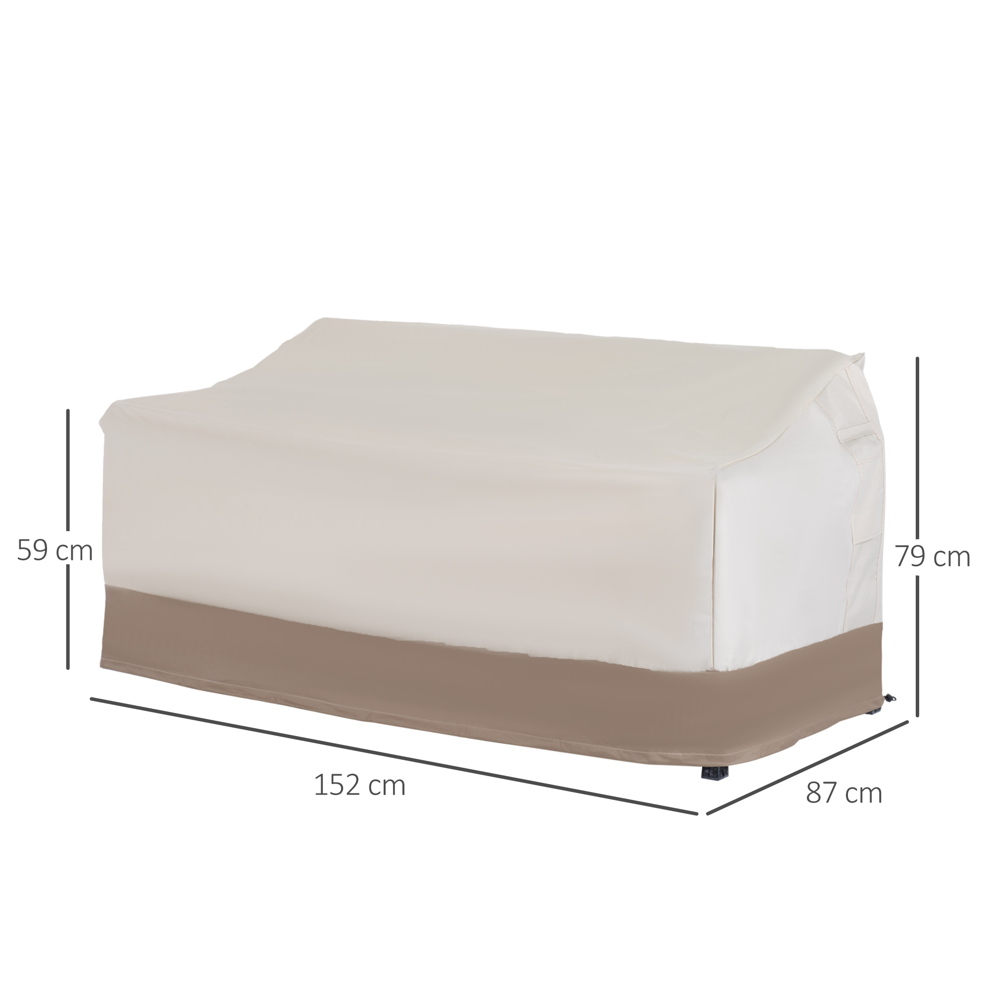 Una funda beige y marrón para muebles de exterior con medidas.