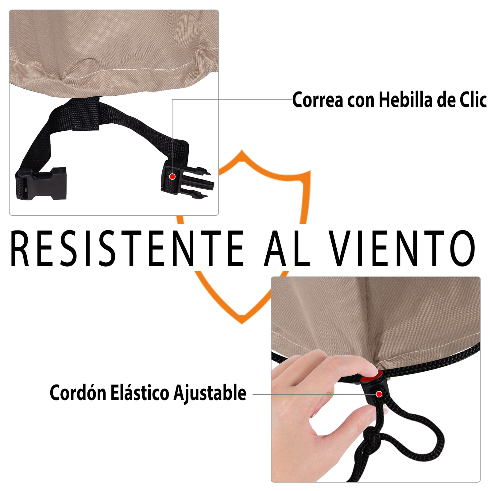 Funda beige con correa de clic y cordón. Resistente al viento.