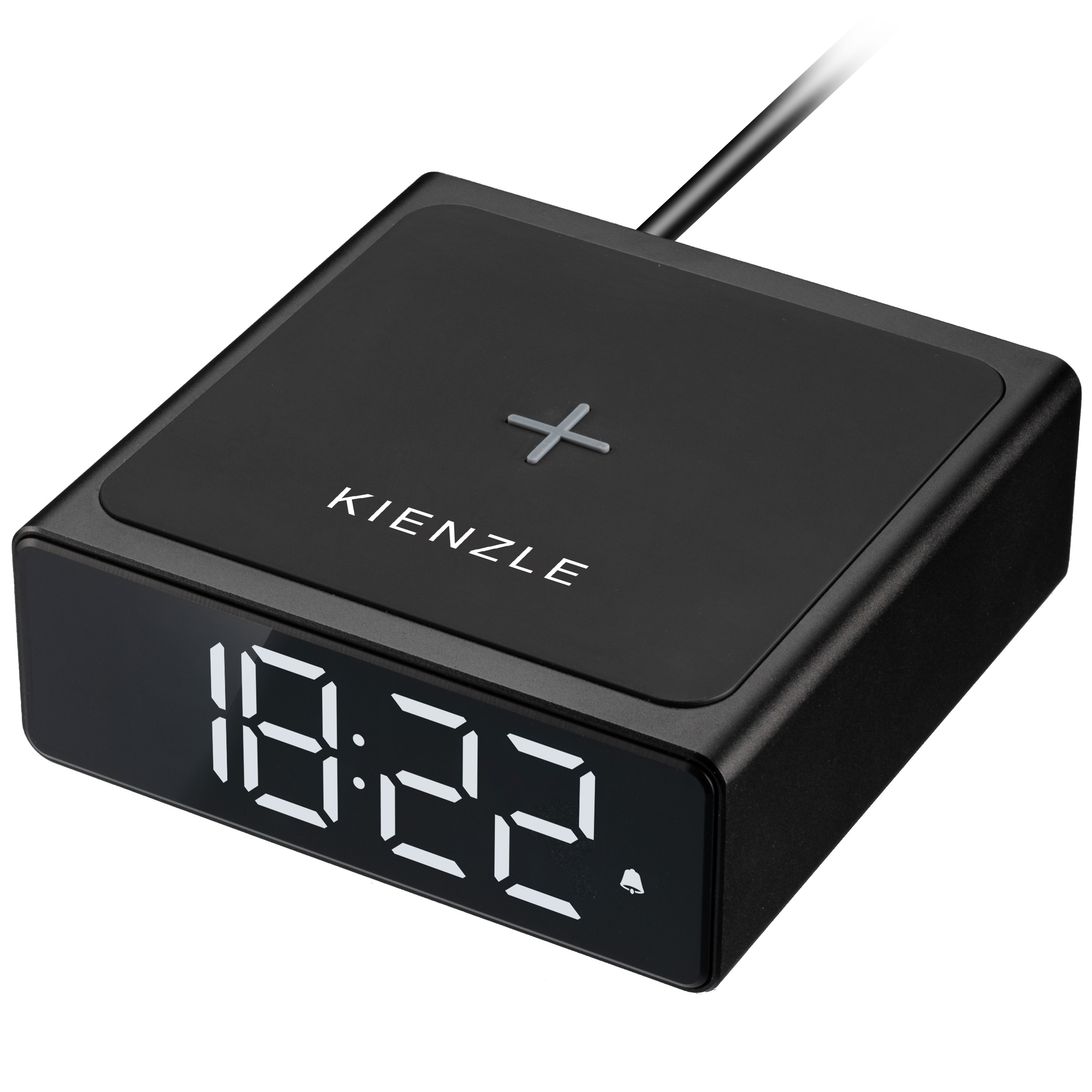 Despertador digital negro con pantalla de hora iluminada 18:22.