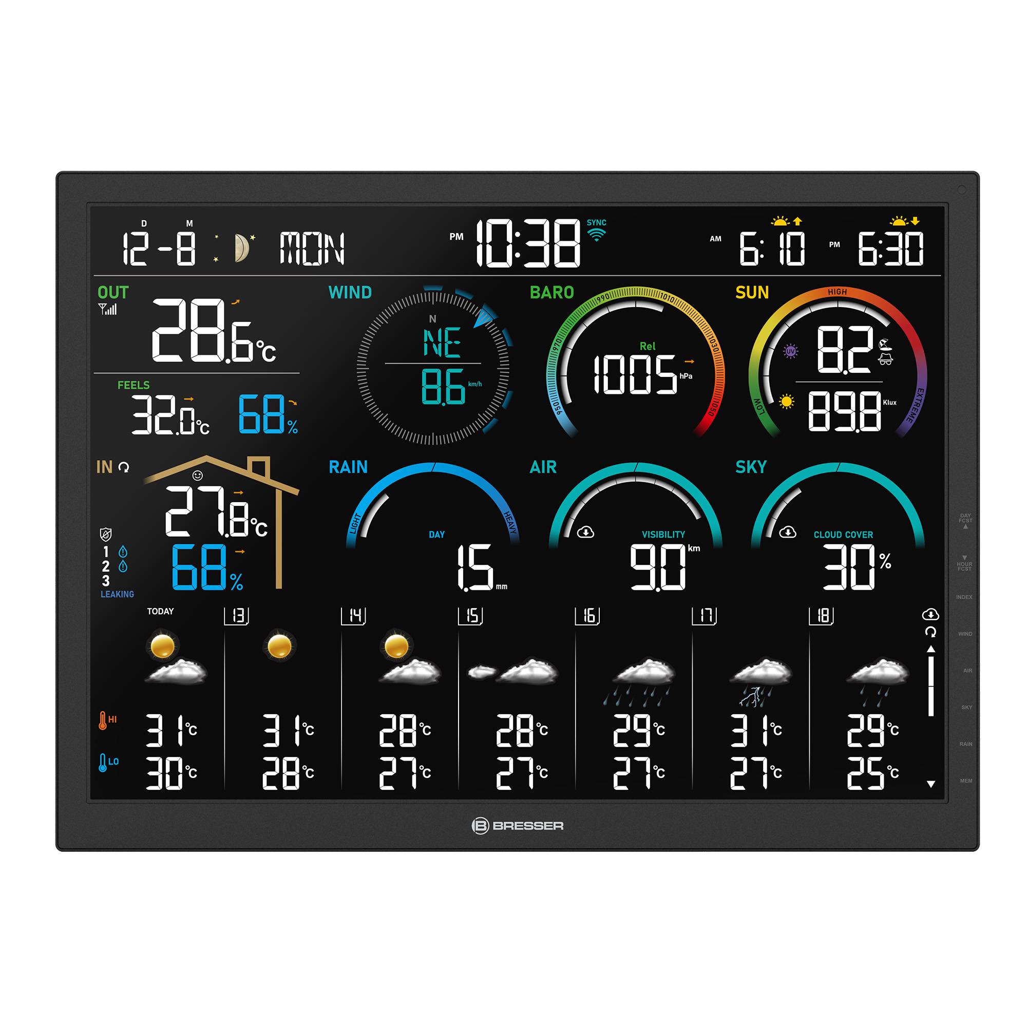 Una estación meteorológica digital negra muestra fecha, hora, temperatura exterior/interior, viento, lluvia, visibilidad y pronósticos.