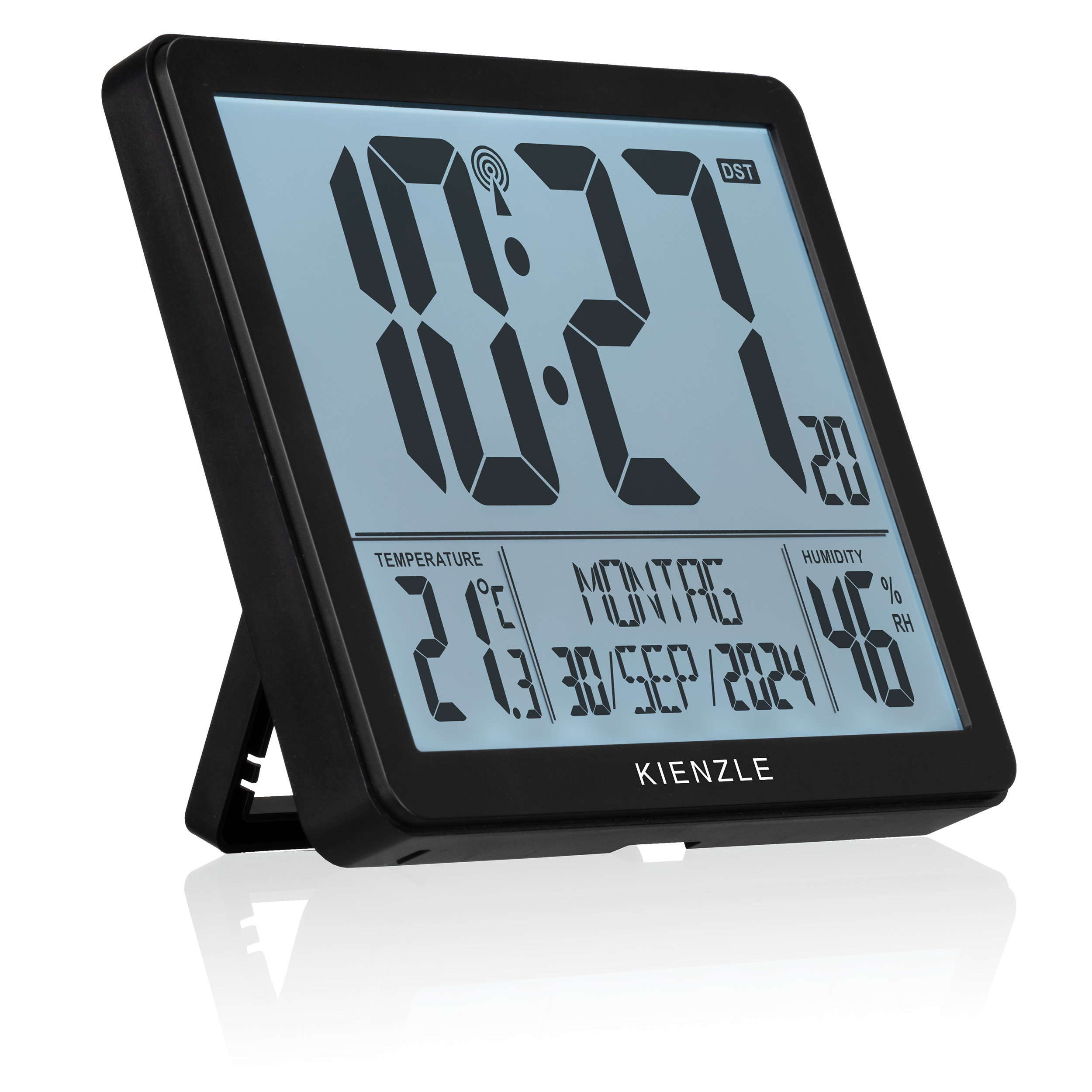 Ein schwarzes Digitalthermometer zeigt 21°C, Montag, 30. Sep. 2024, 46% Luftfeuchtigkeit an.