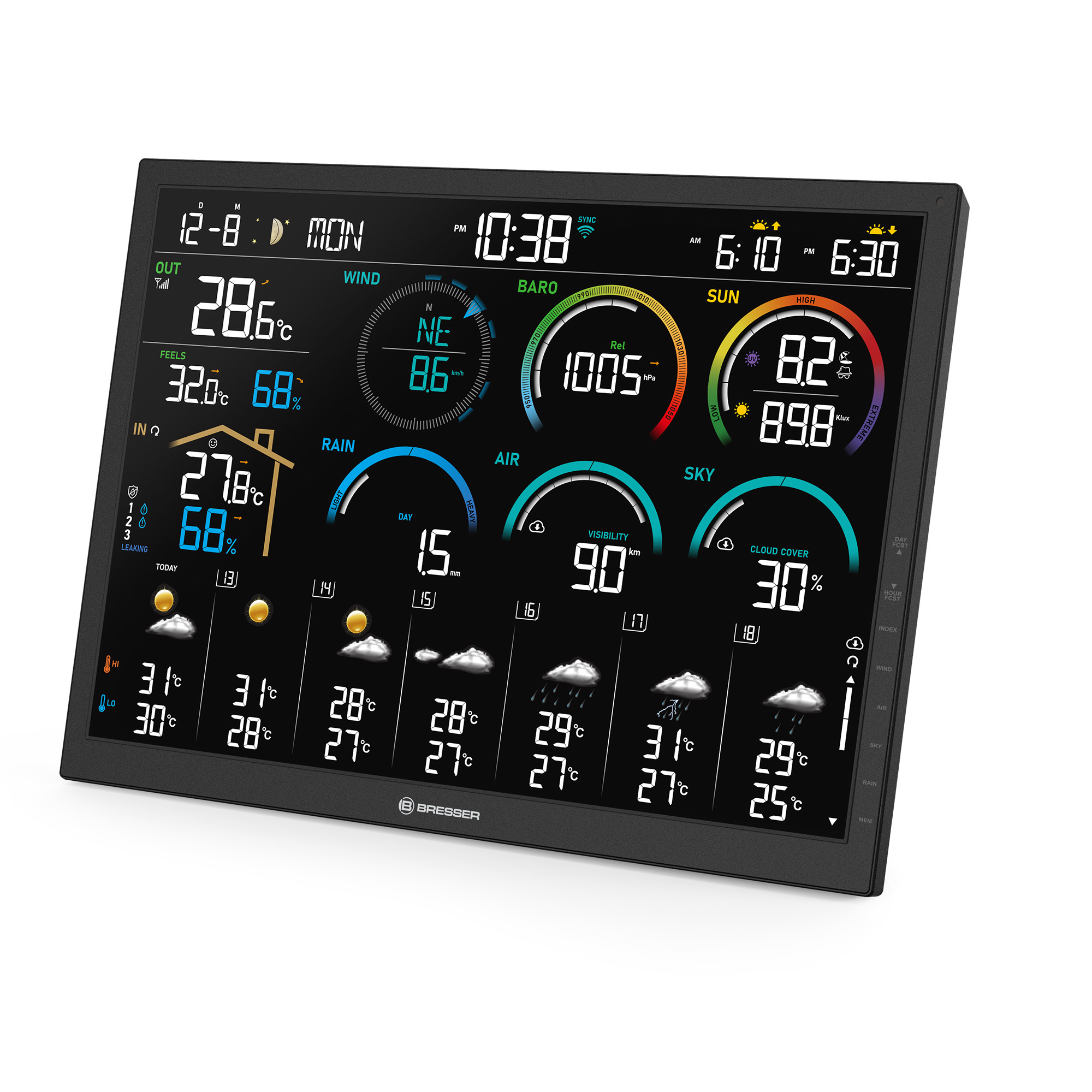 Pantalla de estación meteorológica digital con temperatura exterior, viento, presión y nubosidad.