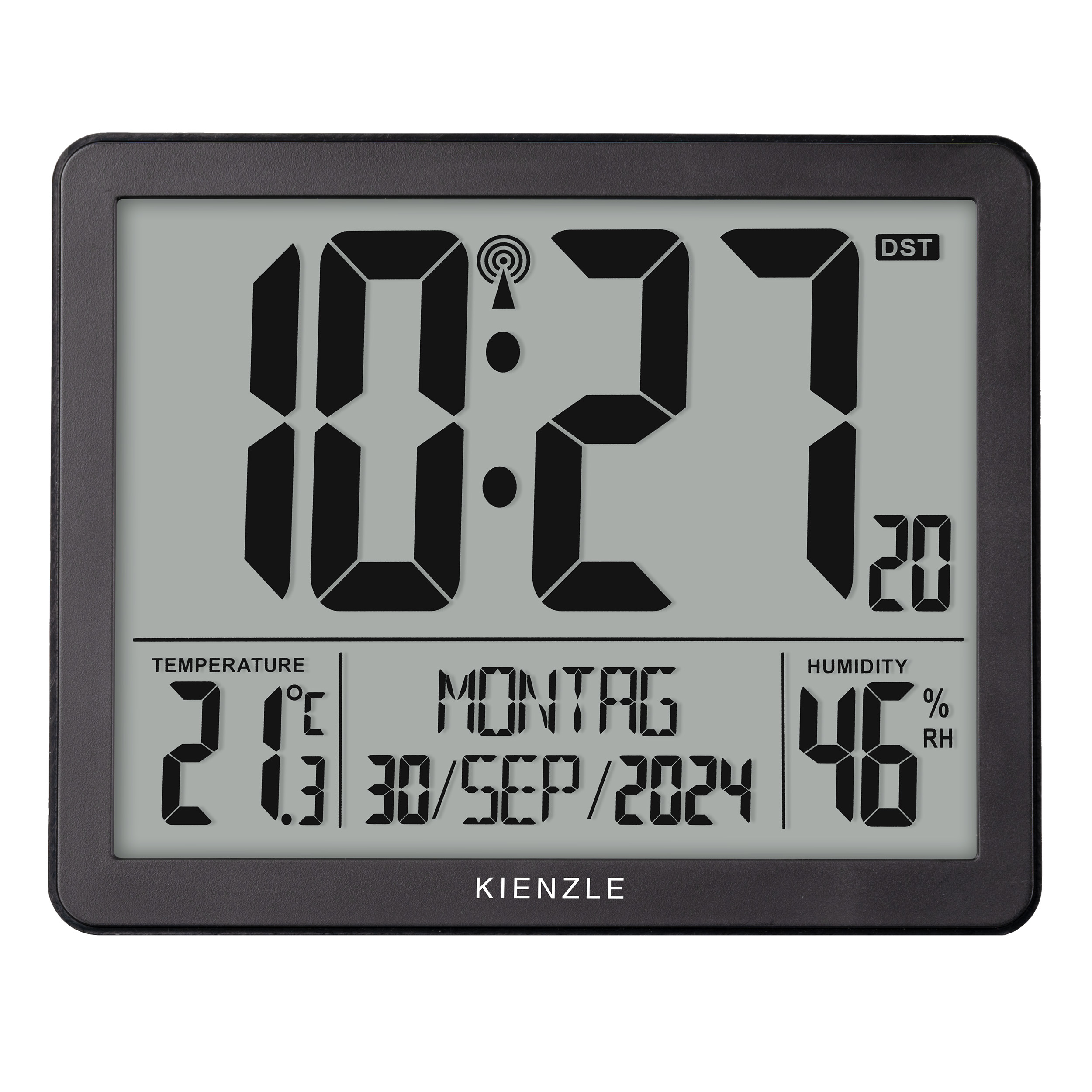 Digitaluhr zeigt 10:27 Uhr, 21.3°C, 46% Luftfeuchtigkeit, Montag, 30. Sep 2024.