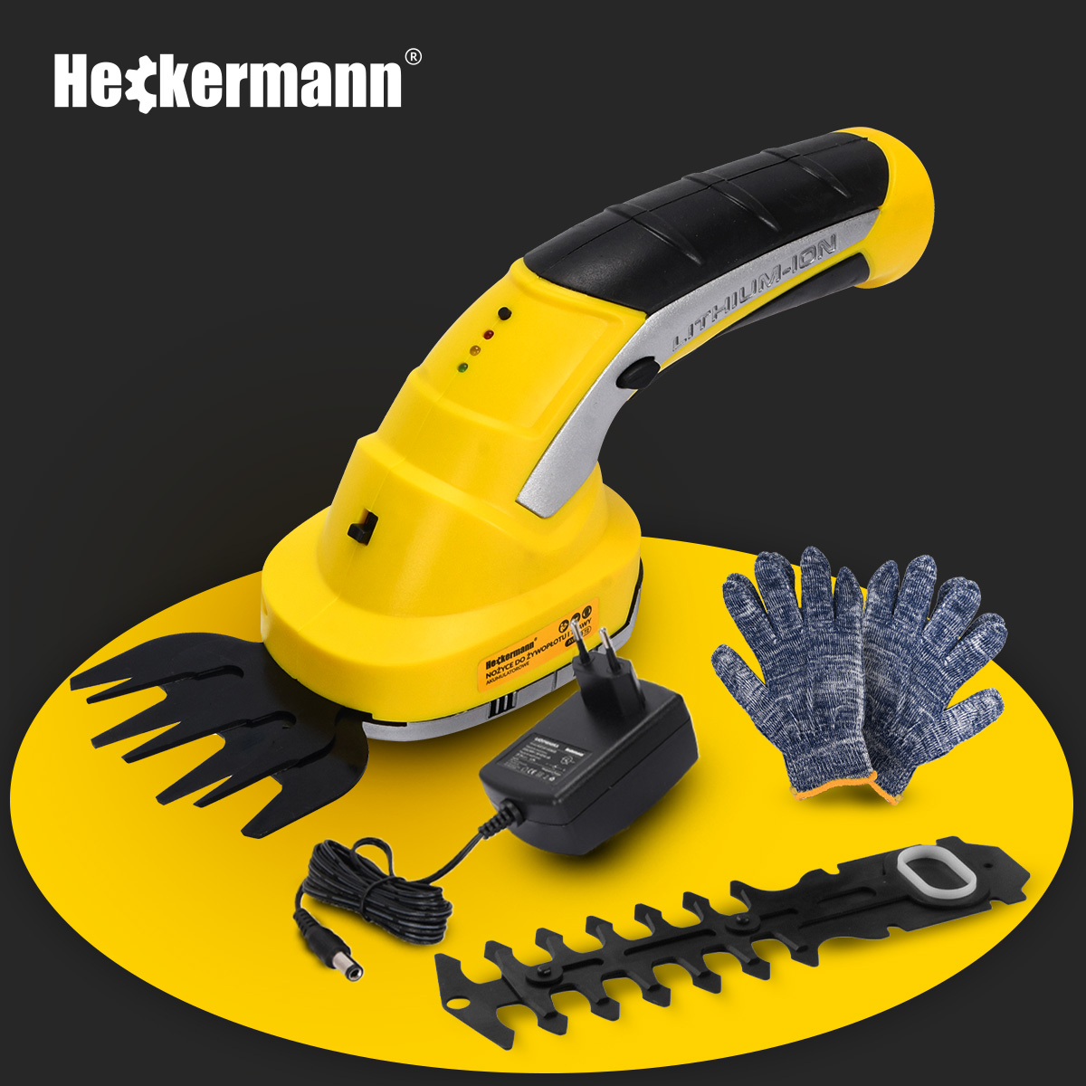 Żółta przycinarka do żywopłotu z wymiennymi ostrzami, rękawicami i ładowarką.