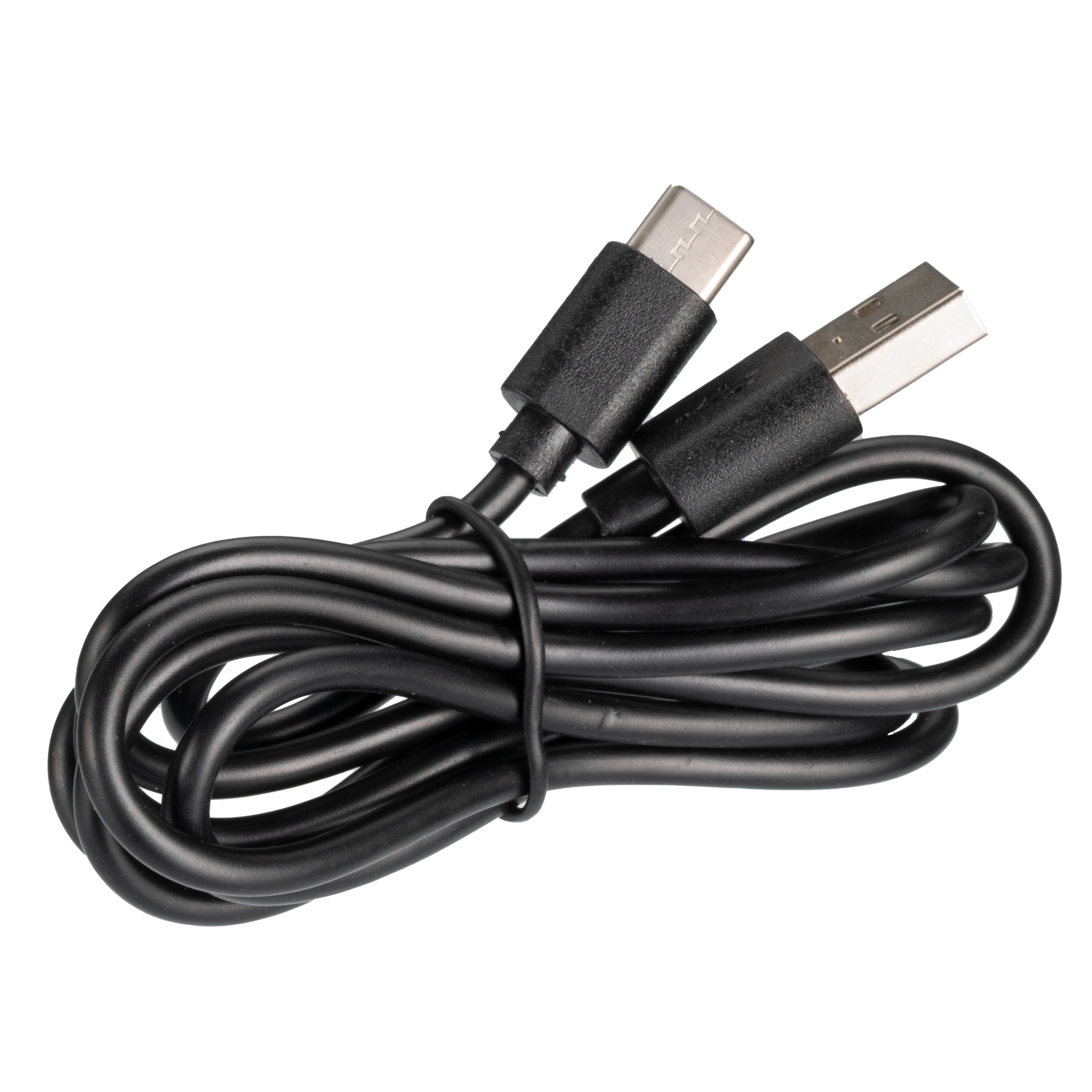 Cable negro USB-C a USB-A enrollado sobre fondo blanco.