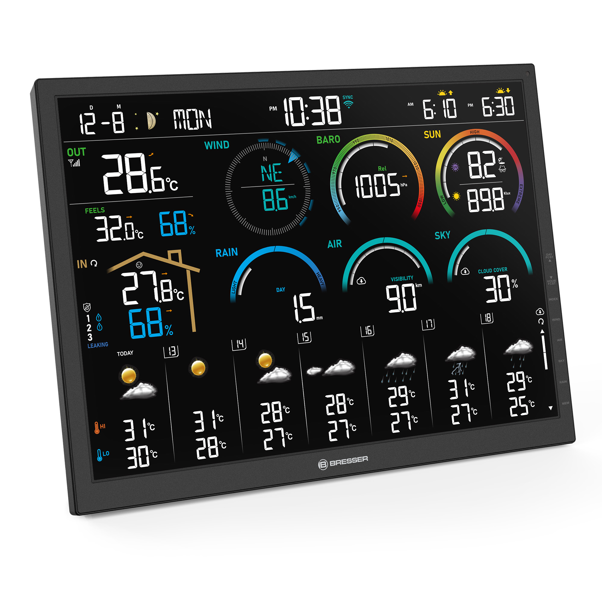 Pantalla de estación meteorológica digital muestra pronósticos de temp, humedad, viento, lluvia y sol.