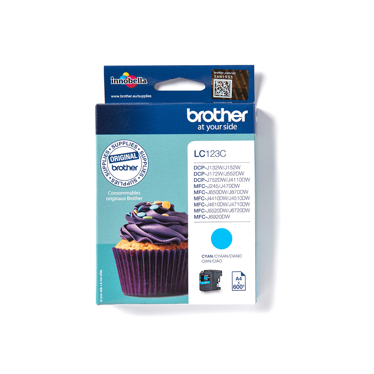 Verpakking Brother LC123C Cyaan inktcartridge met cupcake-afbeelding.