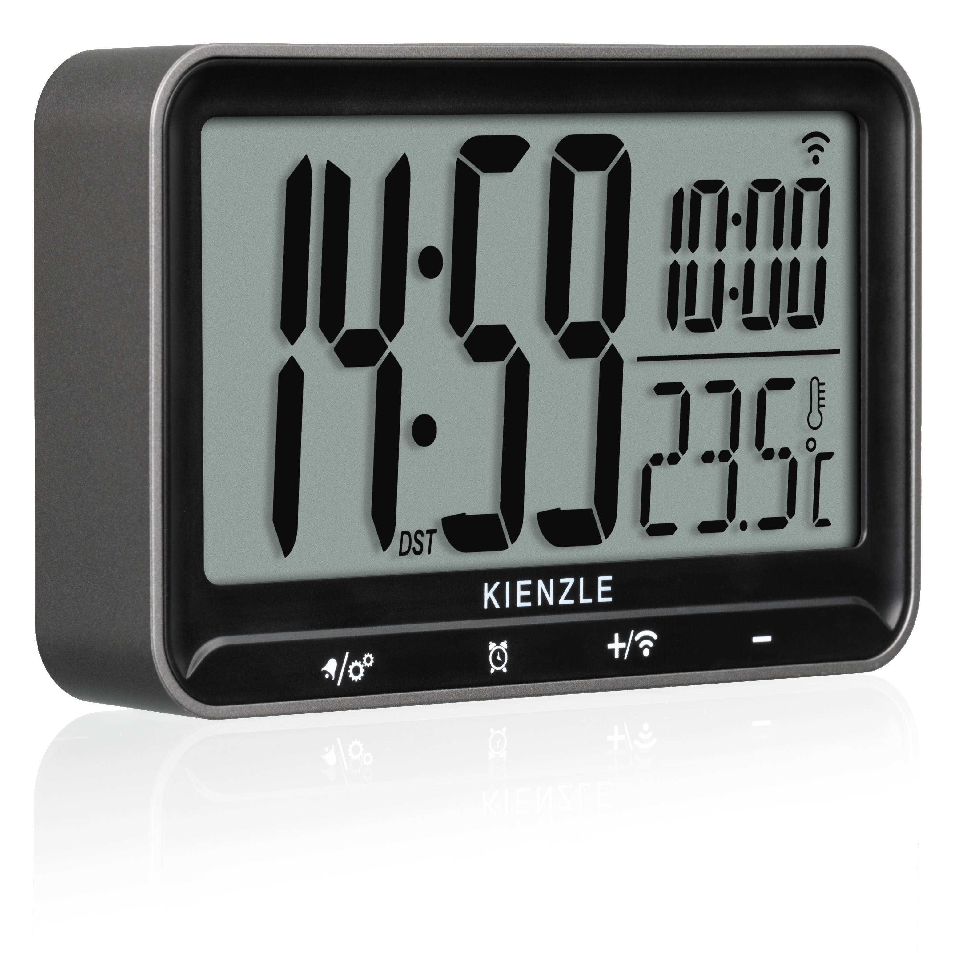 Reloj digital muestra 14:59 hora, alarma 10:00, temp 23.5C, DST y logo Kienzle.