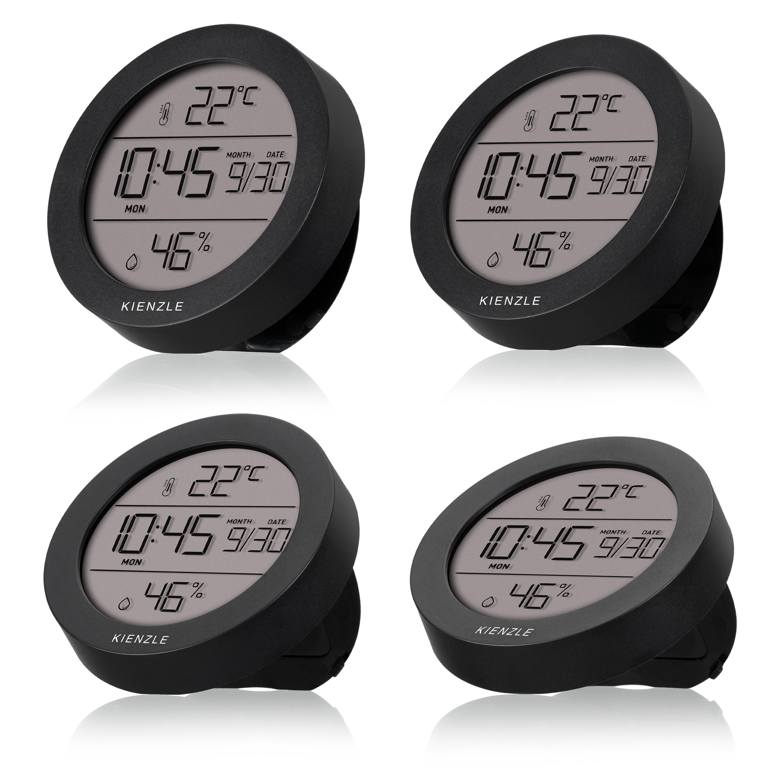 Cuatro relojes digitales negros muestran 22°C, 10:45, 30 sep y 46% humedad.