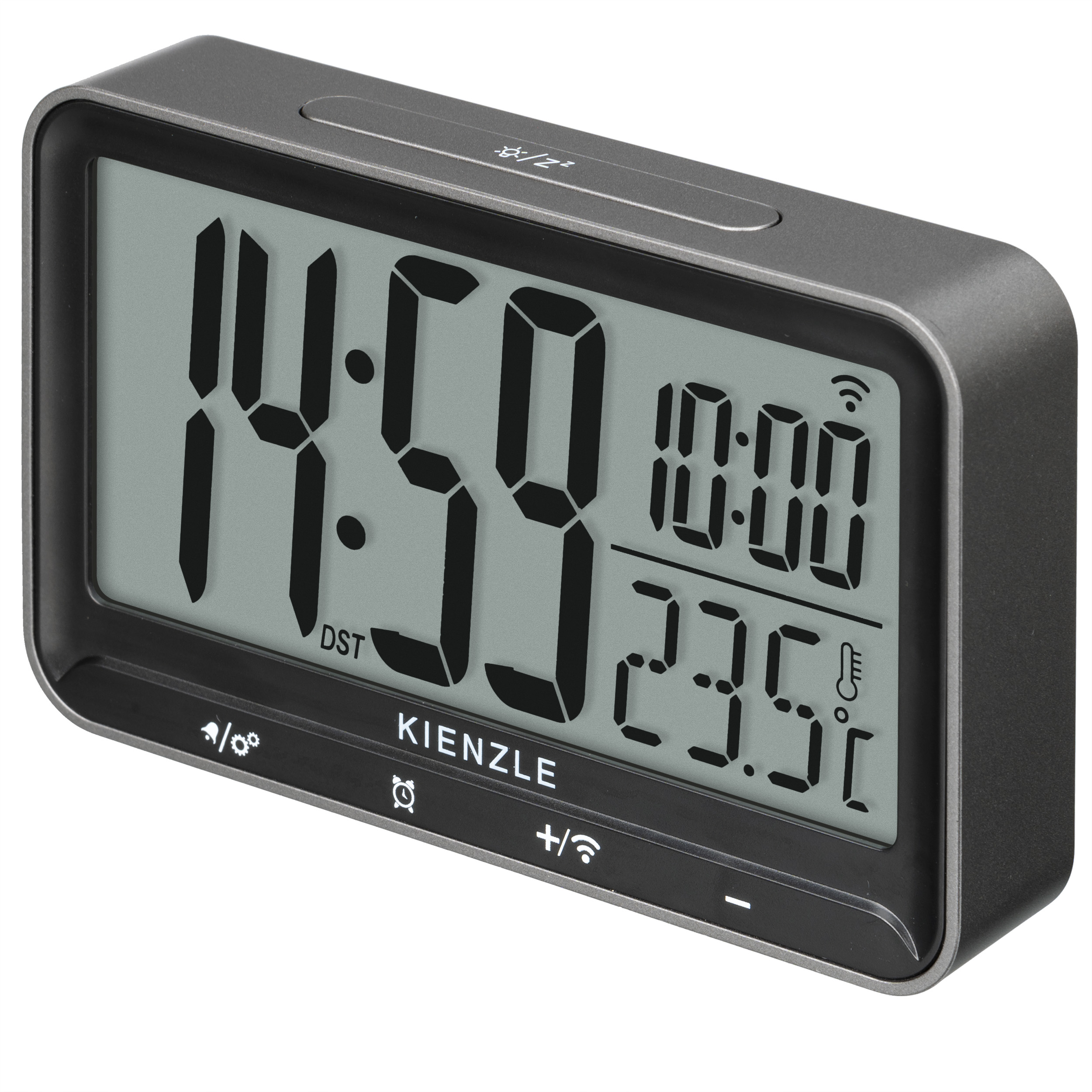 Un despertador digital con carcasa negra y pantalla gris. Muestra 14:59, 10:00 y 23,5°C.