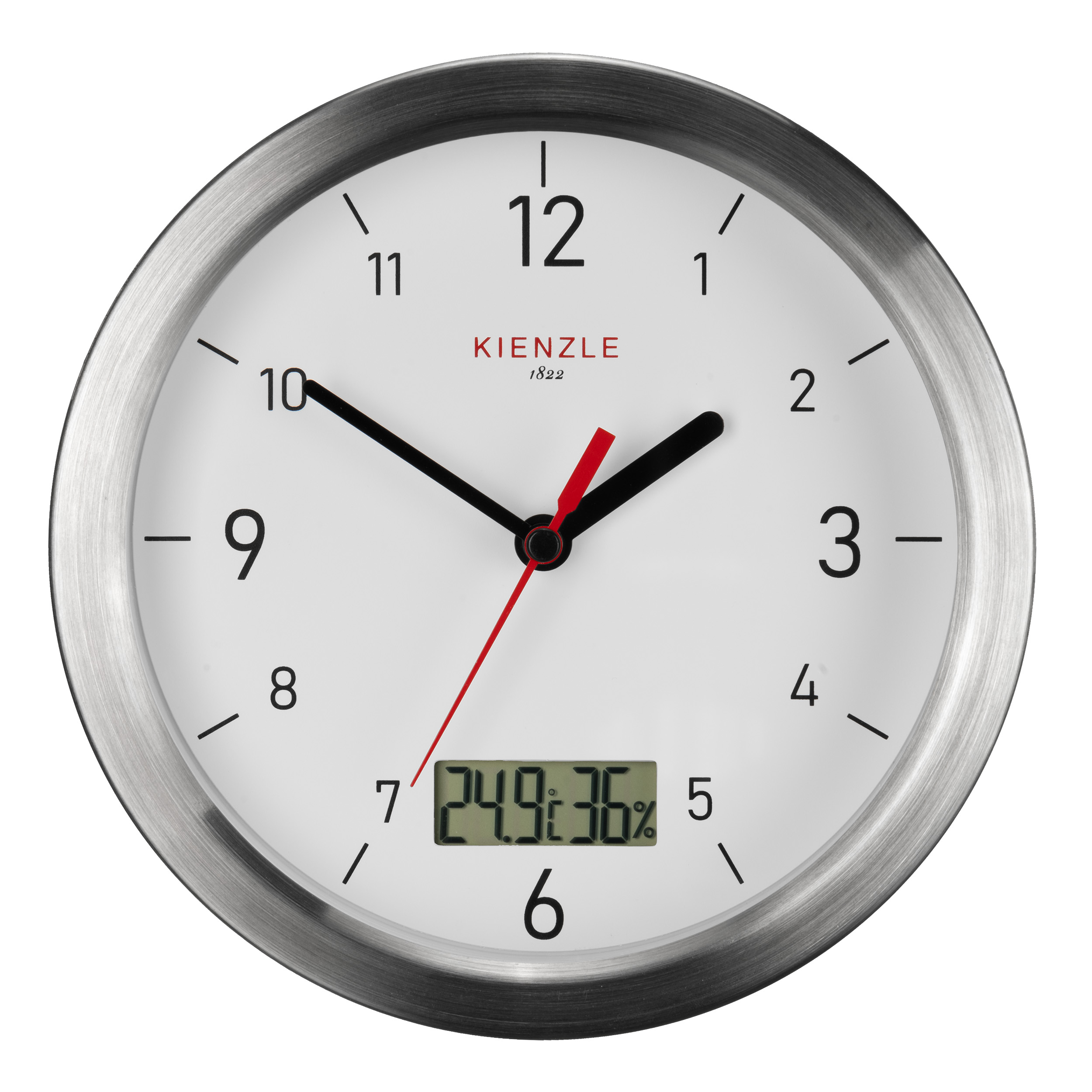 Un reloj Kienzle redondo con marco plateado, esfera blanca y pantalla digital.