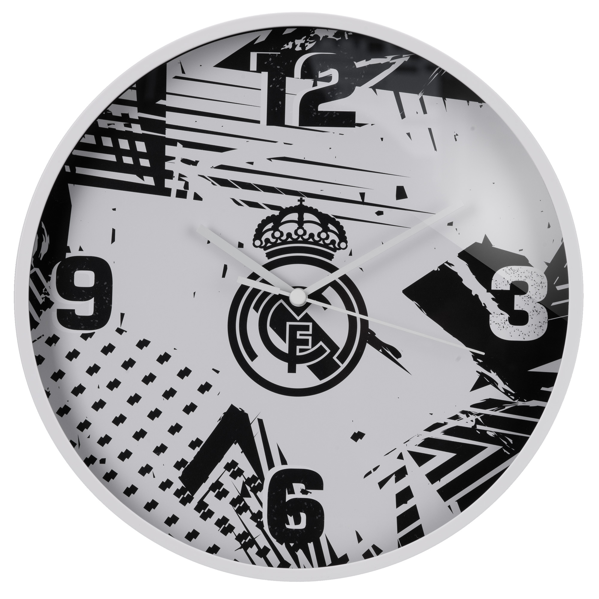 Un reloj de pared blanco con el logo del Real Madrid y patrones abstractos negros.