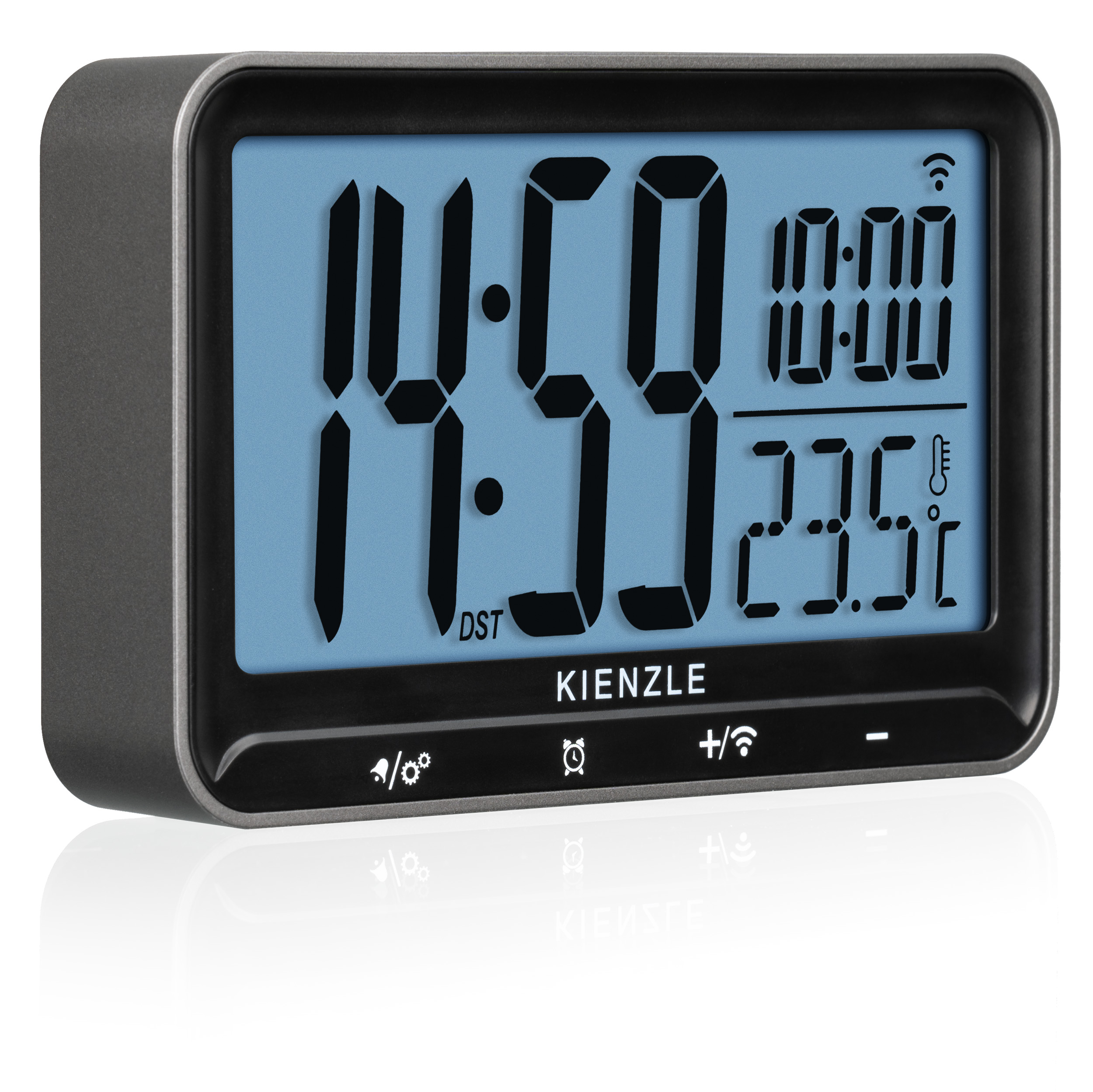 Un despertador digital Kienzle muestra 14:59 y 23.5C. También muestra la hora y un símbolo WiFi.
