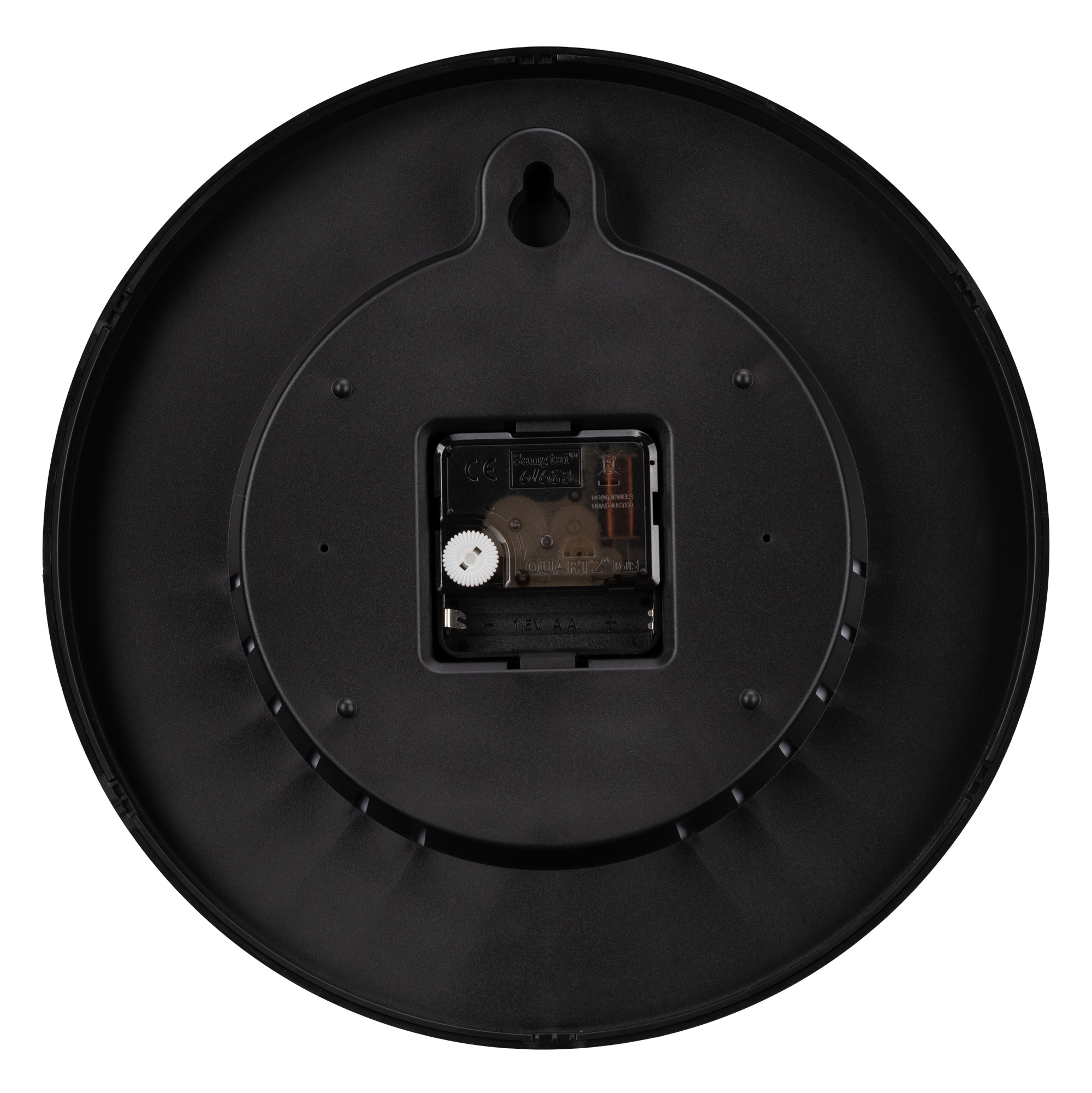 Reverso de un reloj de pared negro con mecanismo de cuarzo y compartimento.