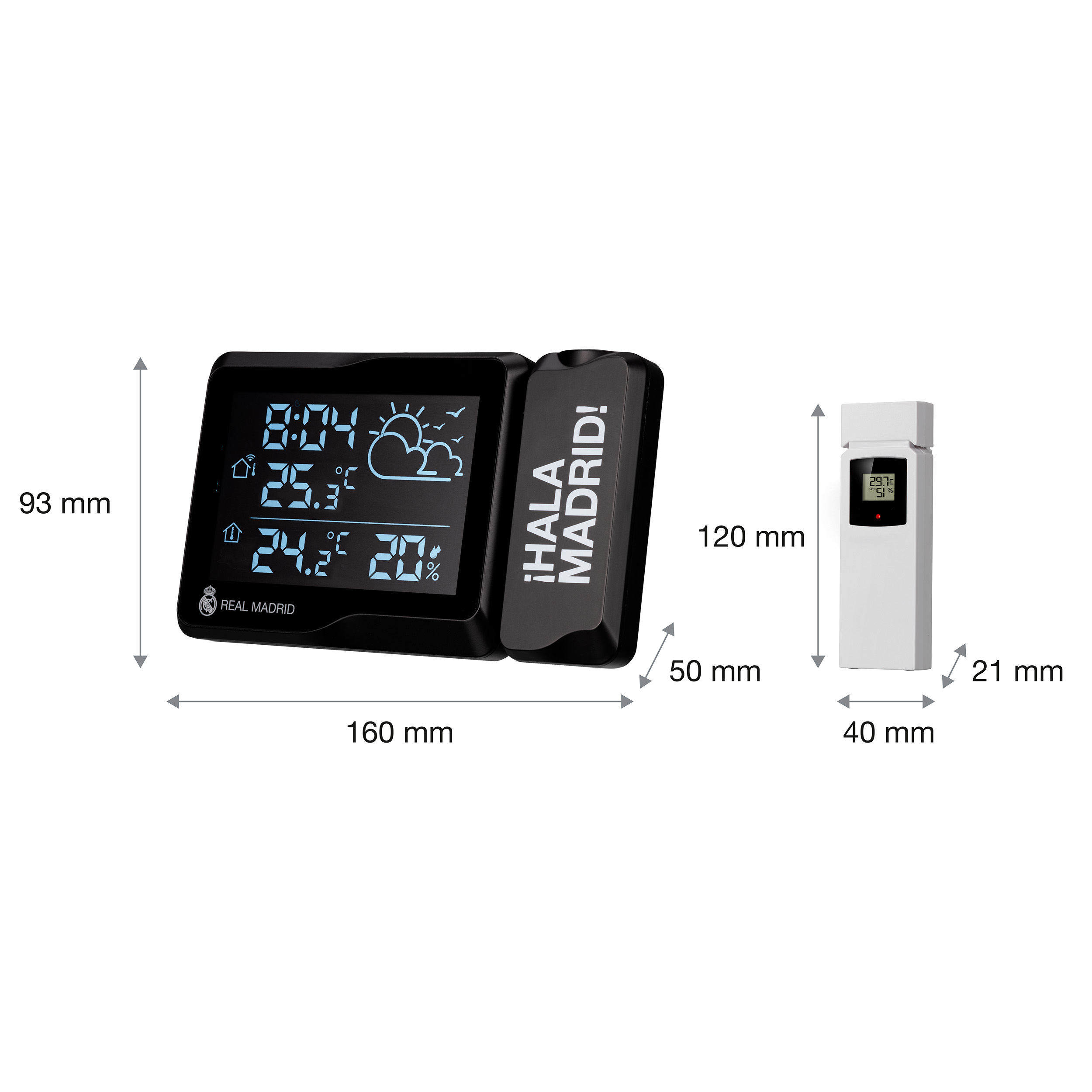 Un reloj proyector negro con logo Real Madrid y un sensor blanco.
