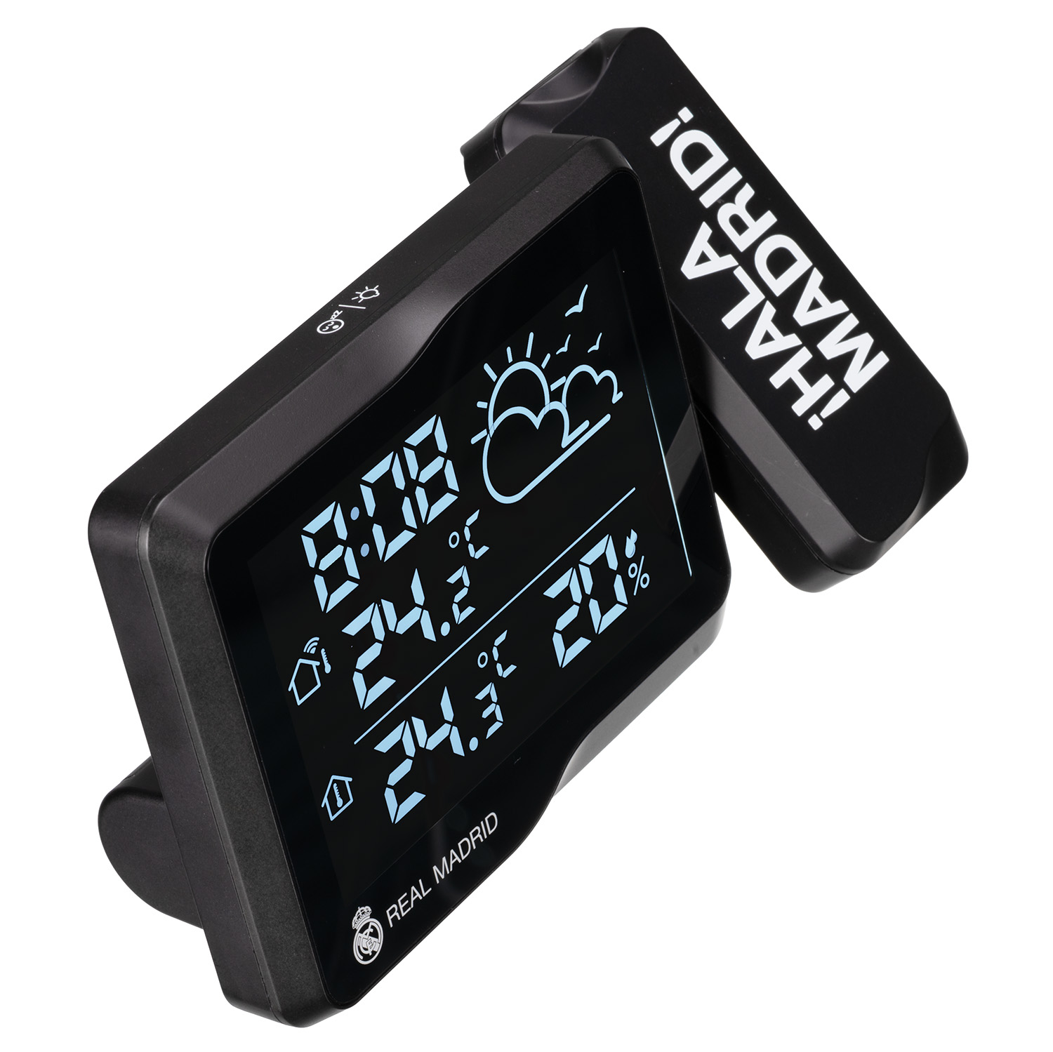 Un reloj digital negro con "¡HALA MADRID!" y logo del Real Madrid.