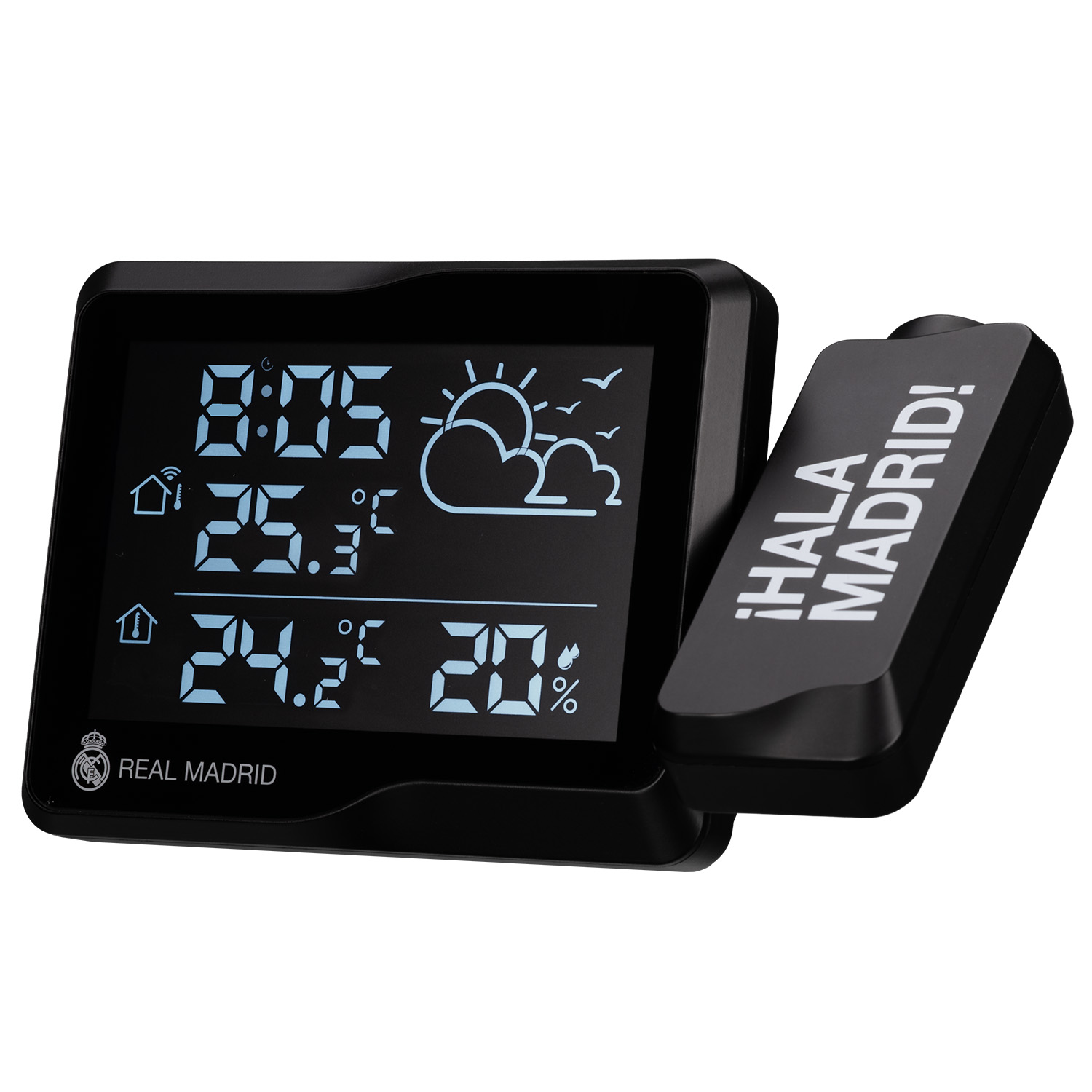Reloj digital con logo del Real Madrid, muestra hora, temperatura y clima.