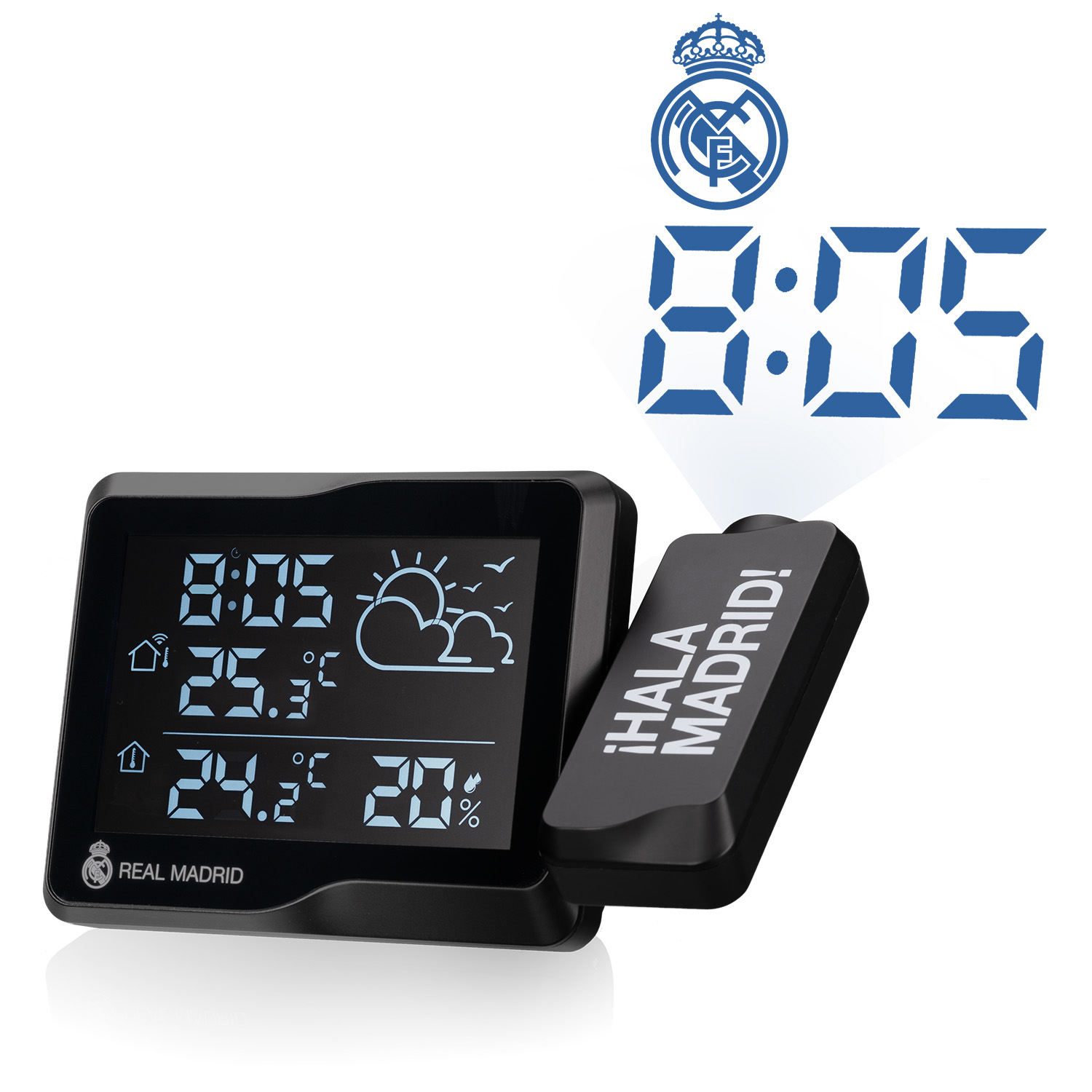 Un reloj digital negro con logo Real Madrid muestra 8:05, 25.3°C, 24.2°C, 20% humedad.