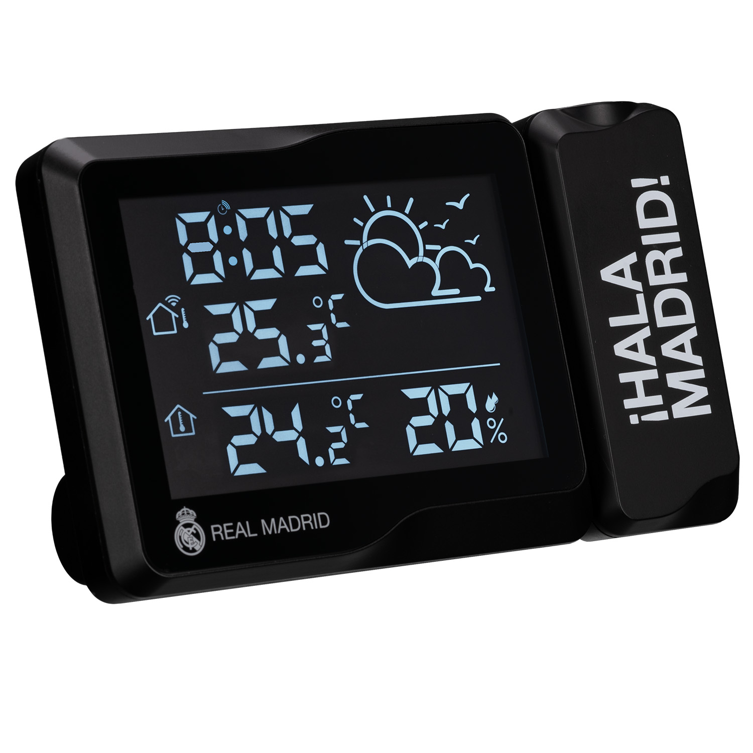 Reloj digital muestra 8:05, 25.3C, 24.2C y 20%. Logo Real Madrid.