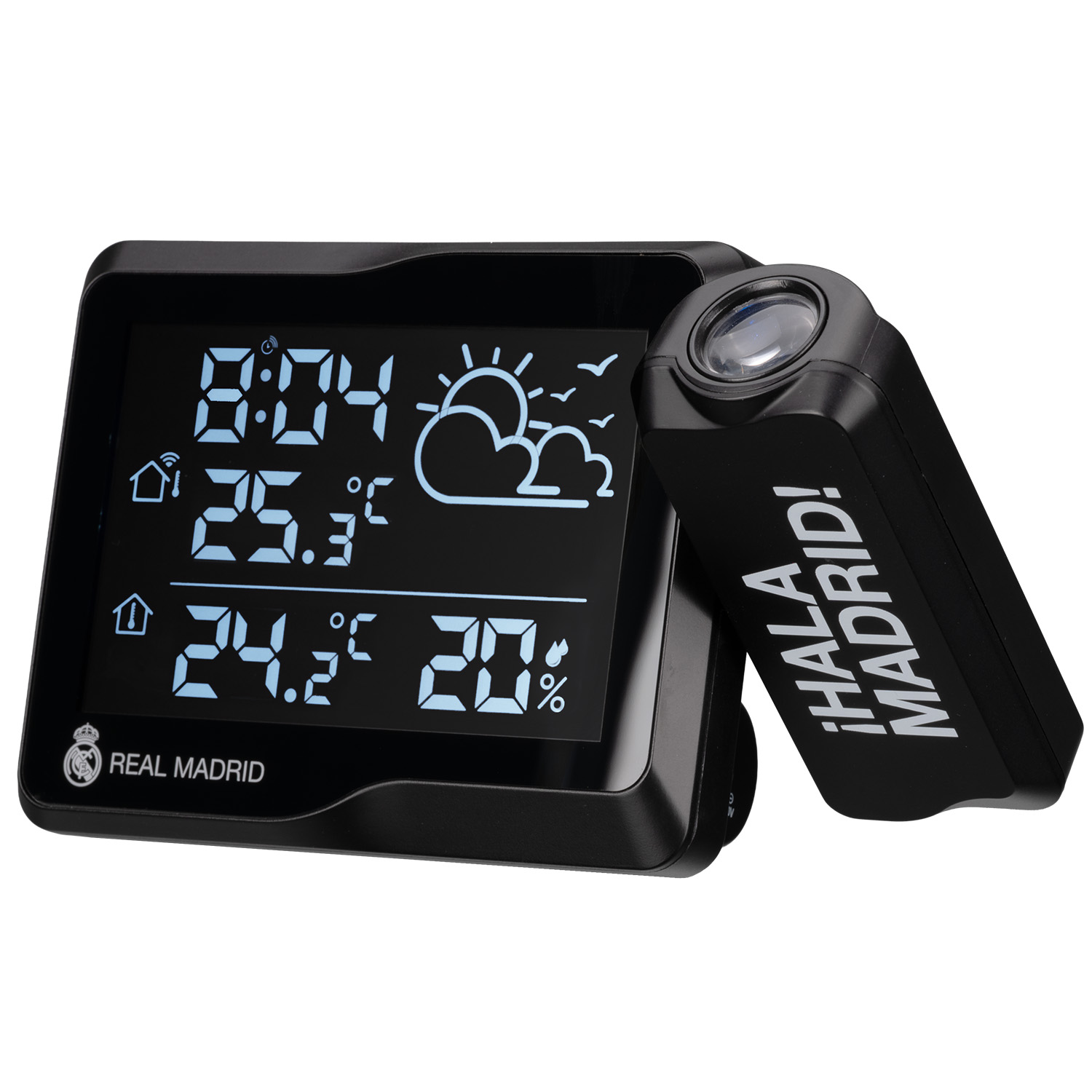 Un reloj digital negro con logo del Real Madrid muestra hora, temperatura y clima.