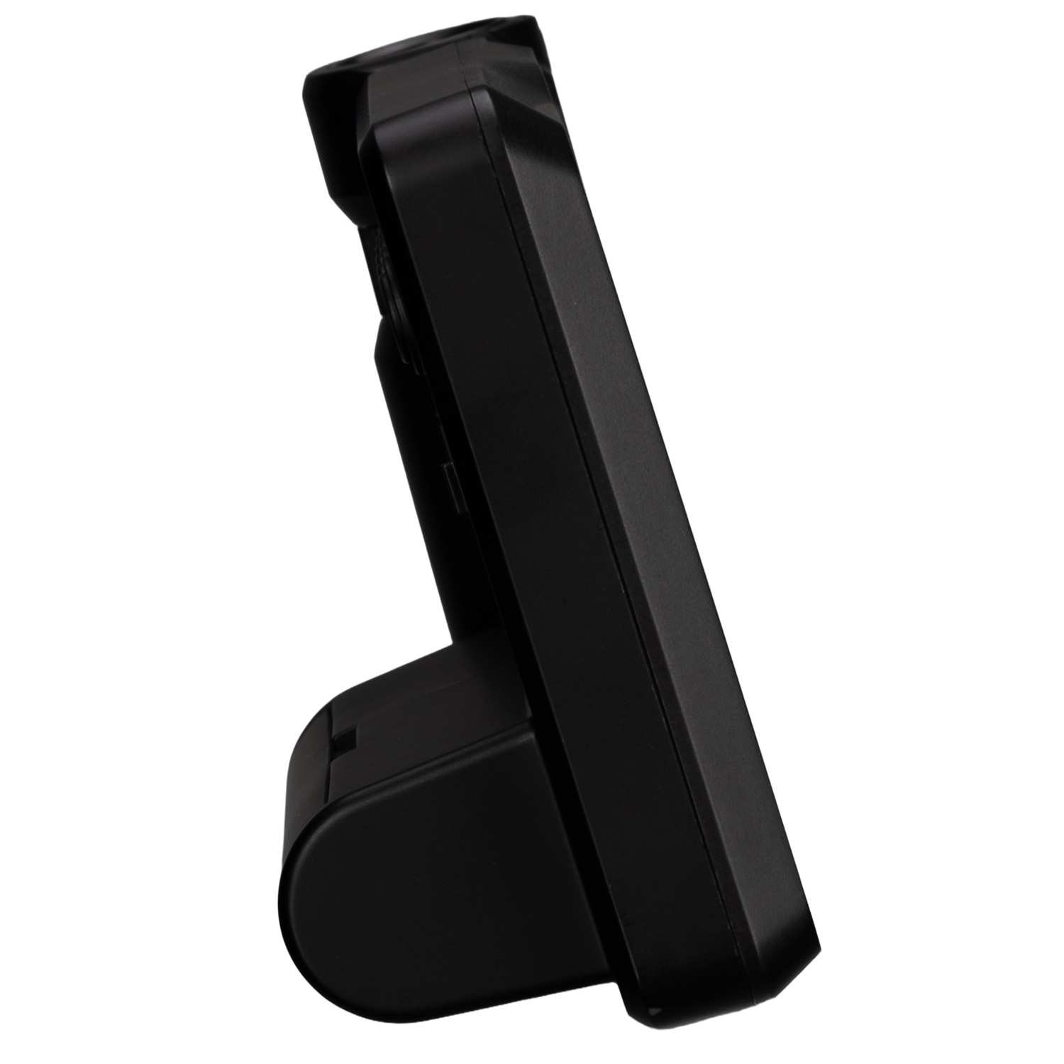 Un dispositivo electrónico negro sobre su soporte, visto de lado.