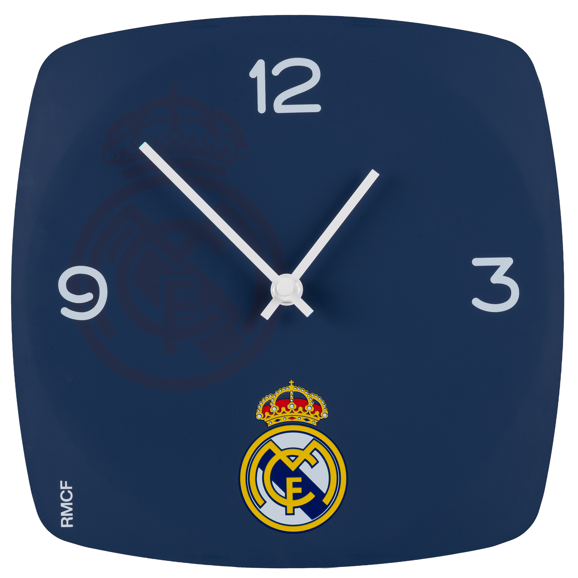 Reloj de pared azul oscuro con logo y corona del Real Madrid.