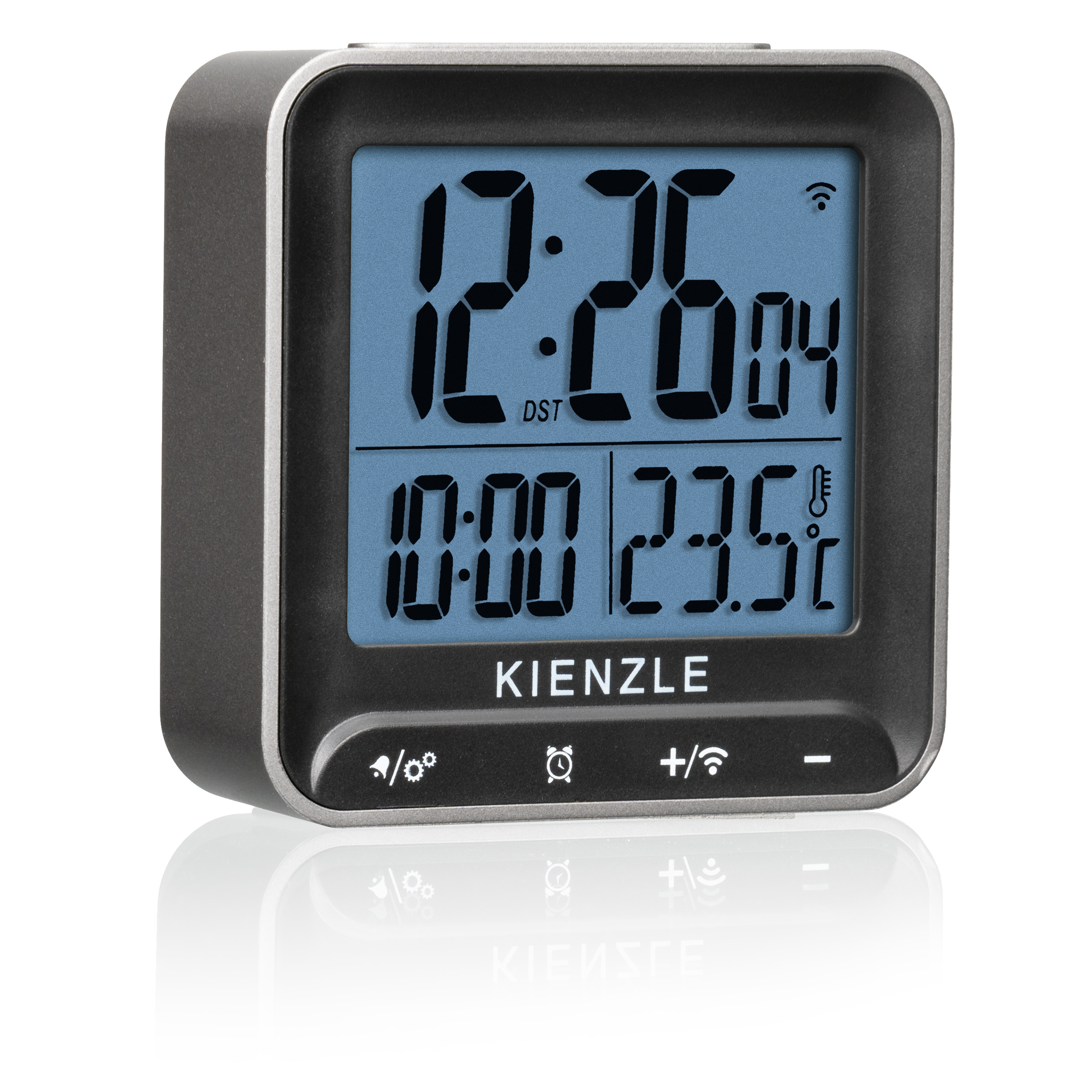 Reloj despertador digital muestra 12:26, fecha 04, 10:00, 23.5°C.