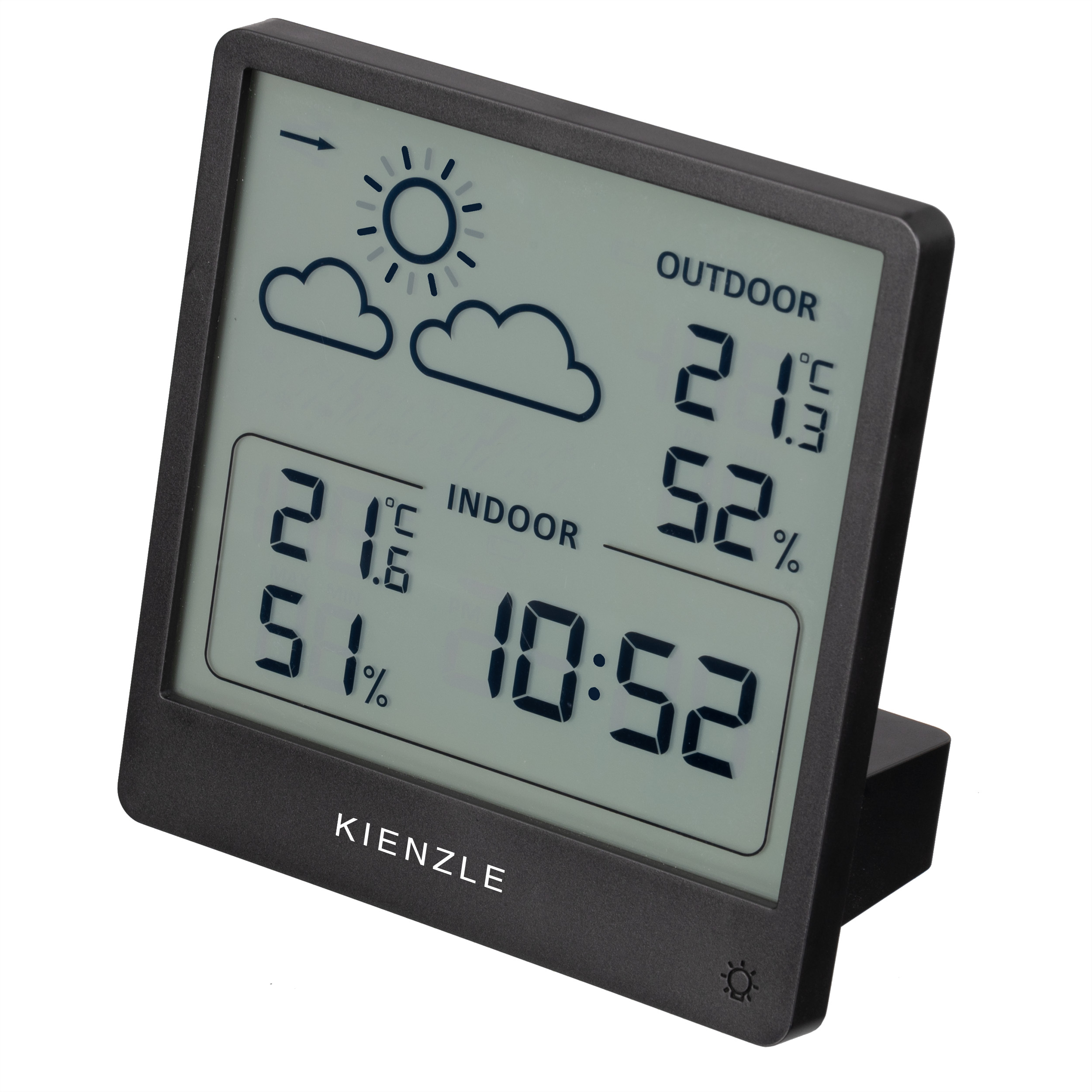 Termómetro digital: temp. exterior 21,3°C, humedad 52%, hora 10:52.