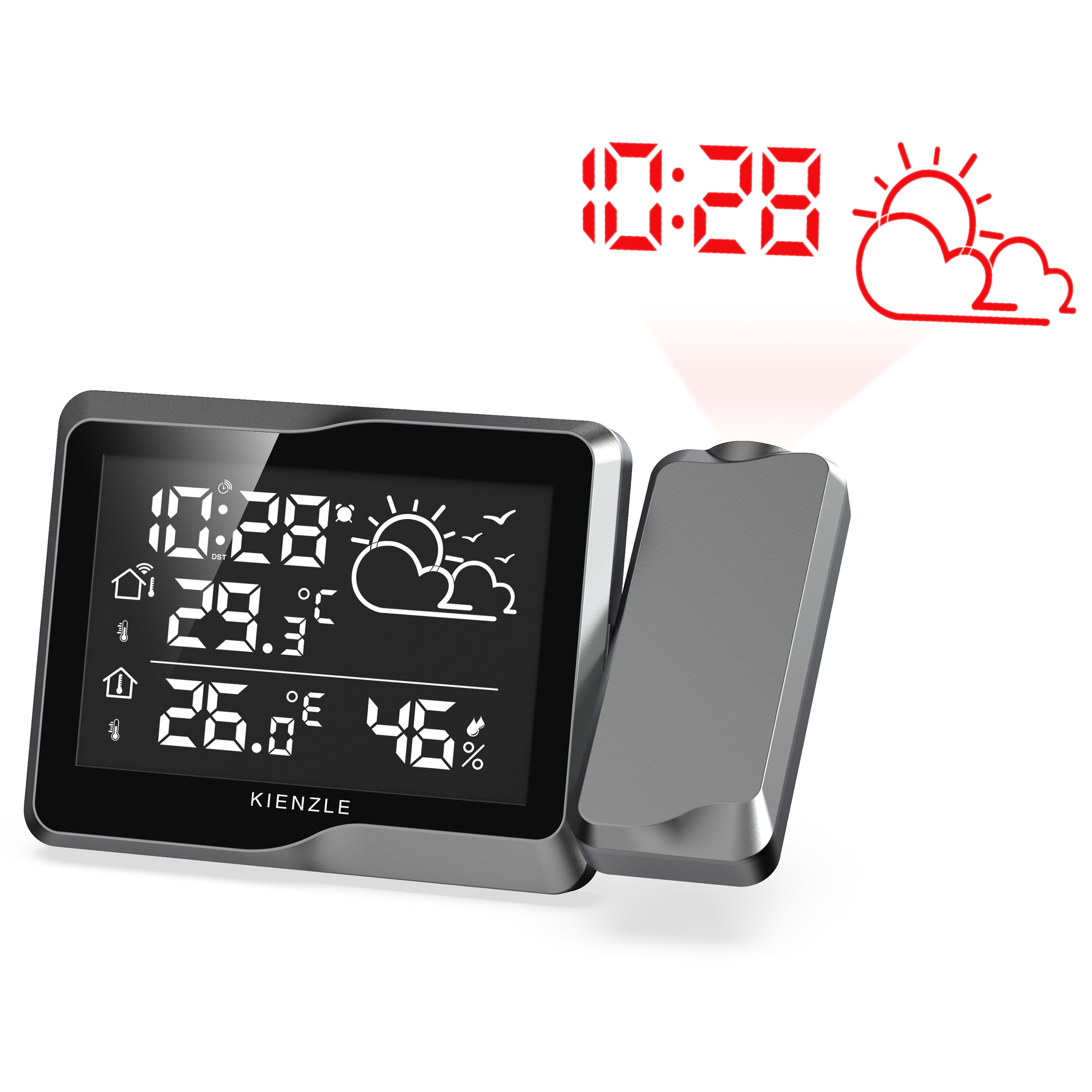 Reloj digital con pantalla meteorológica: 29.3C, 26.0C, 46% humedad, iconos.